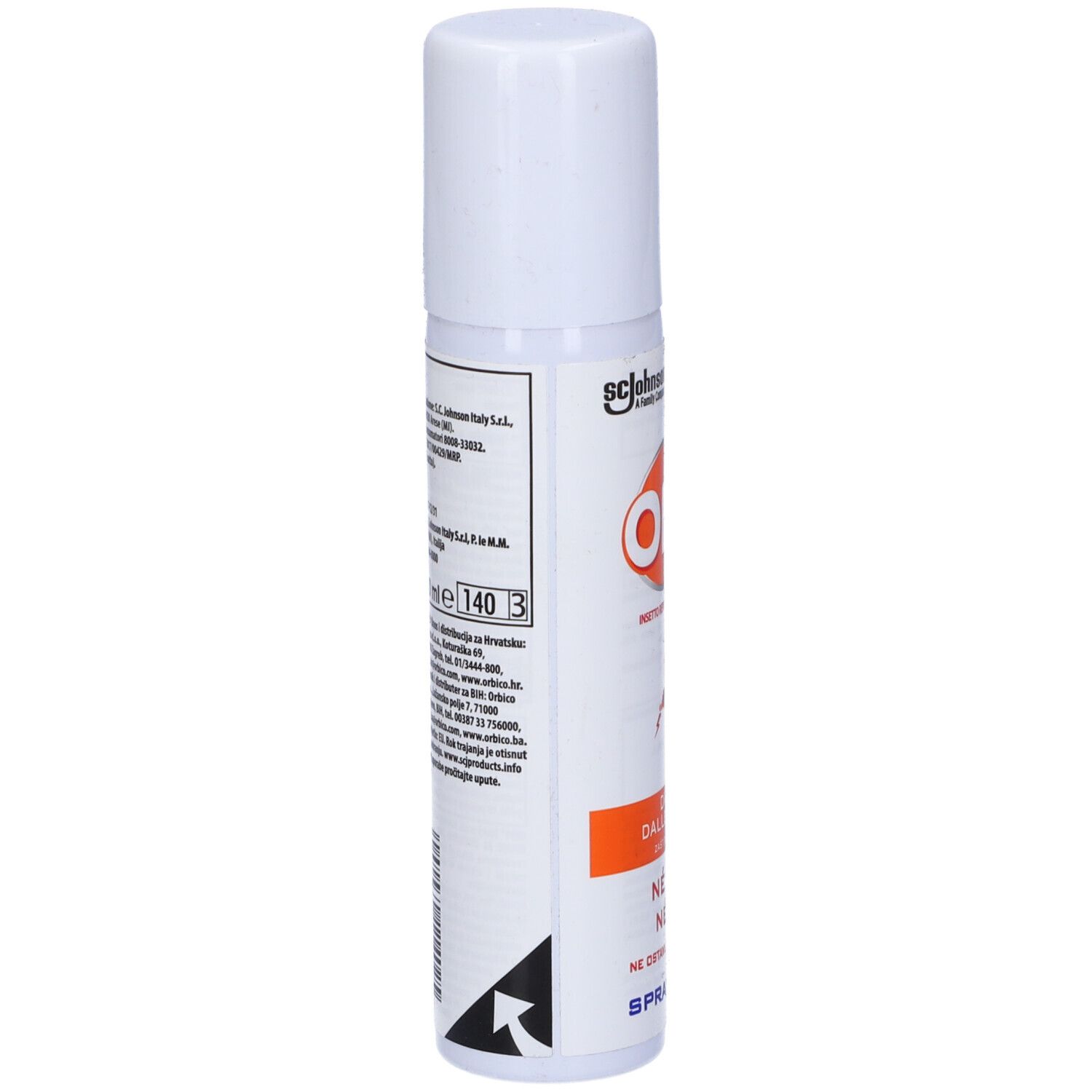 Spray bianco con etichetta arancione. Scritta "OFF!". Simbolo insetto e testo: "DIFENDE DALLE ZANZARE".