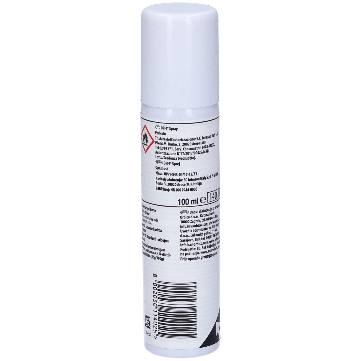 Spray bianco con etichetta arancione. Scritta "OFF!". Simbolo insetto e testo: "DIFENDE DALLE ZANZARE".