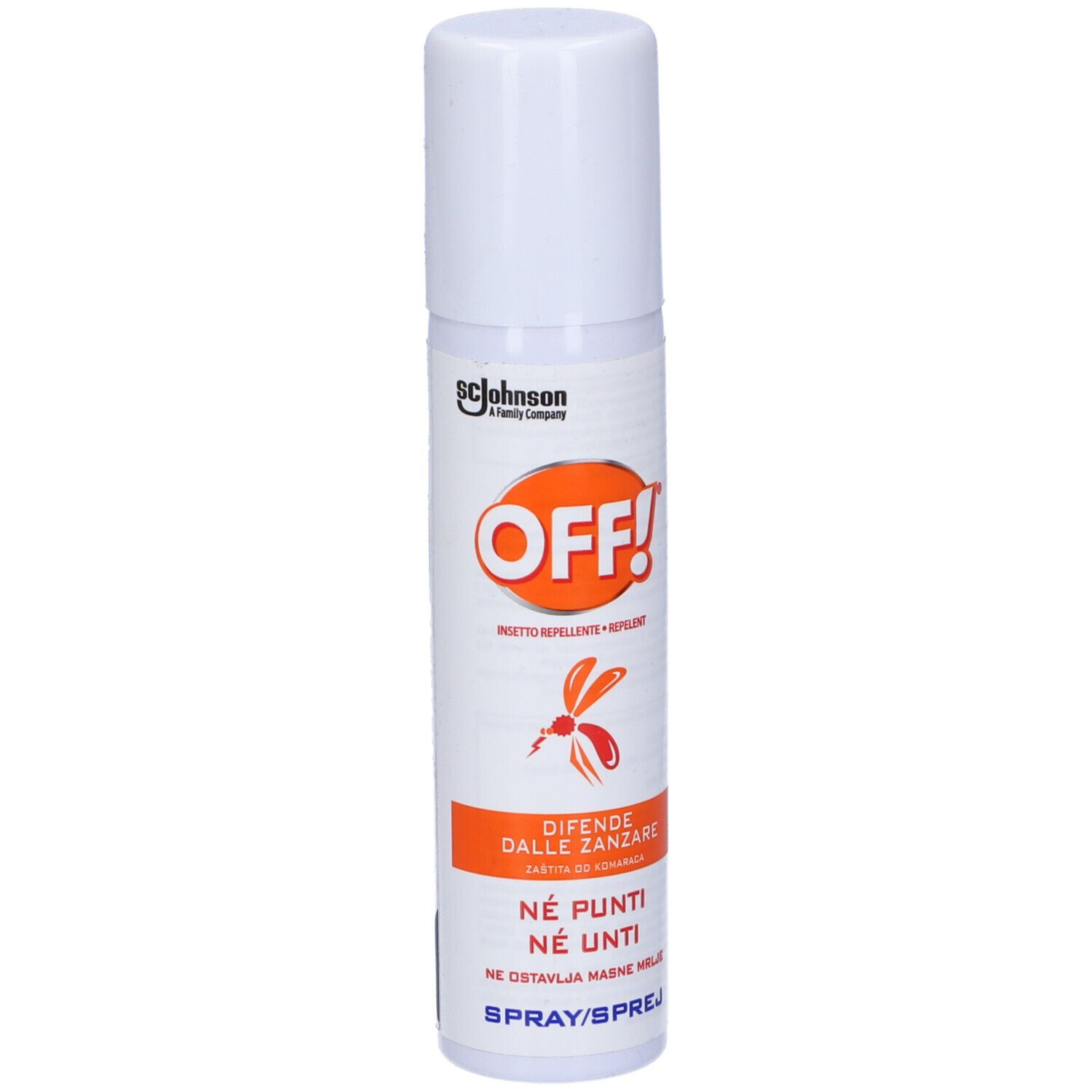 Spray bianco con etichetta arancione. Scritta "OFF!". Simbolo insetto e testo: "DIFENDE DALLE ZANZARE".