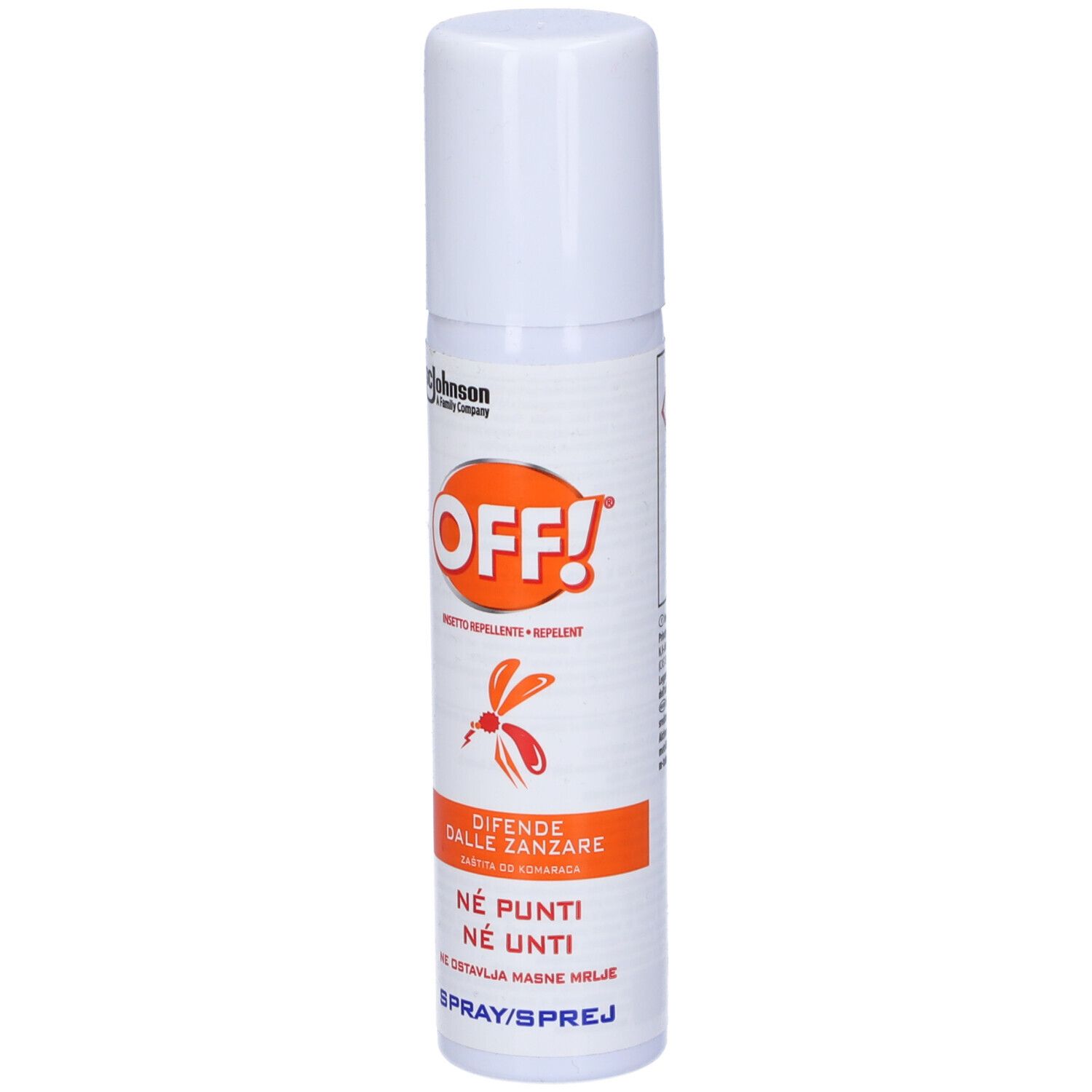 Spray bianco con etichetta arancione. Scritta "OFF!". Simbolo insetto e testo: "DIFENDE DALLE ZANZARE".