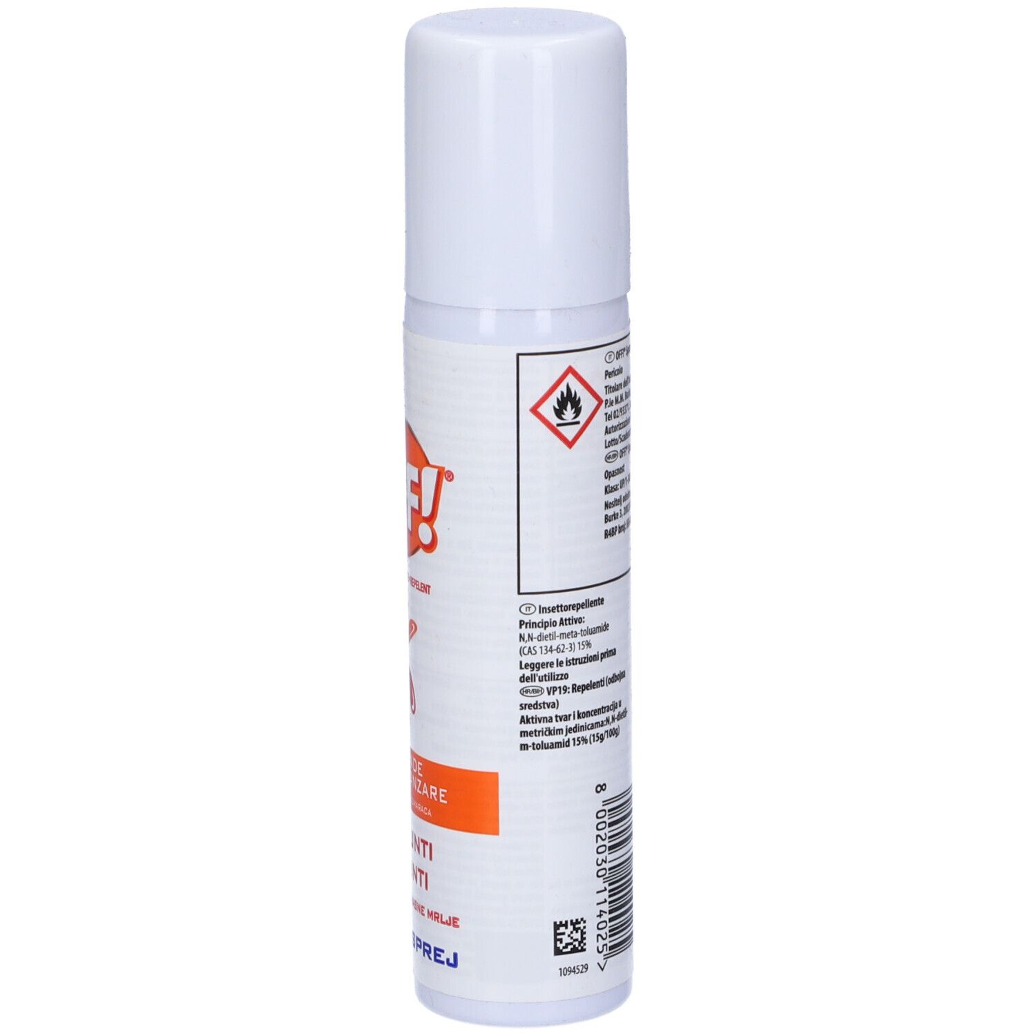 Spray bianco con etichetta arancione. Scritta "OFF!". Simbolo insetto e testo: "DIFENDE DALLE ZANZARE".