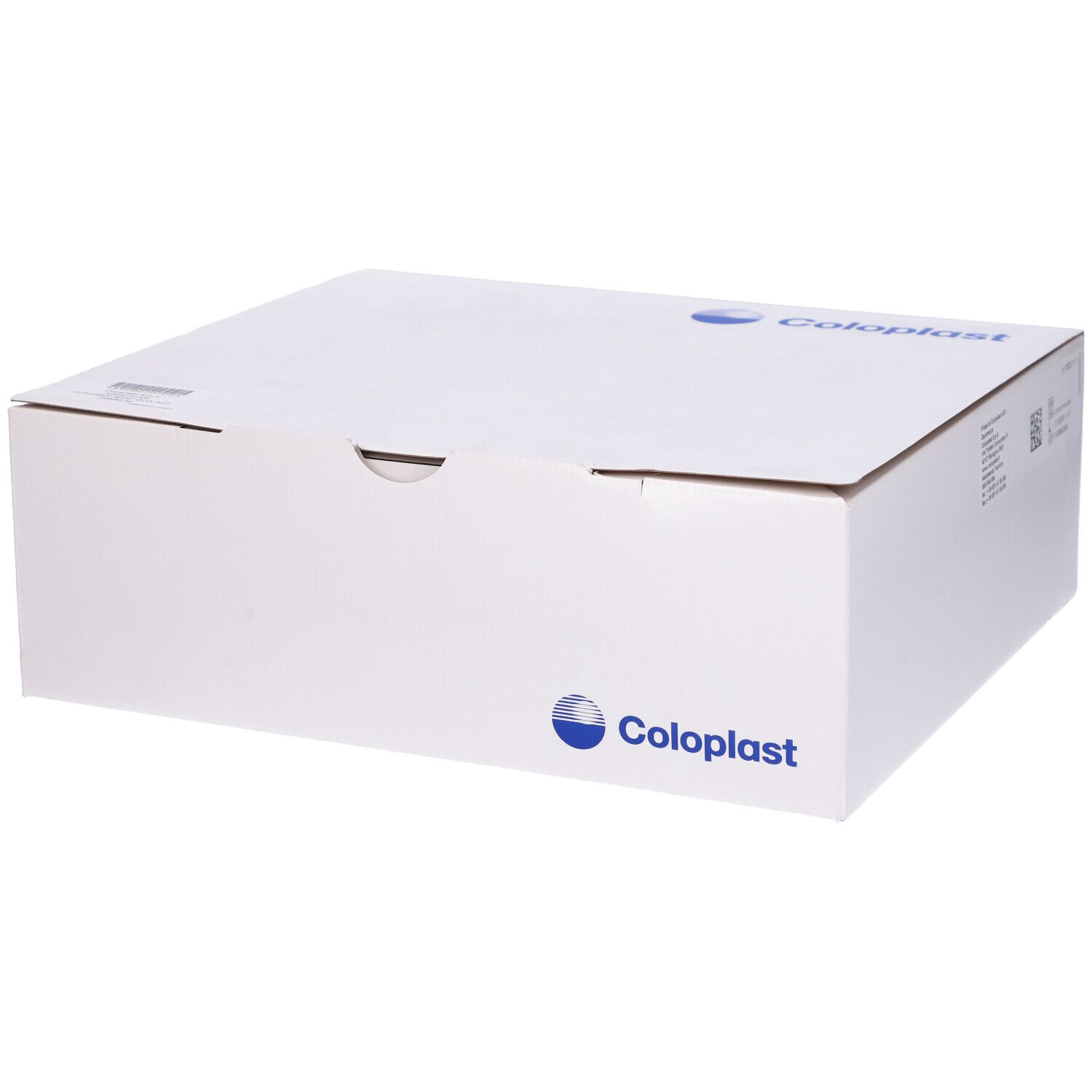 Confezione in cartone bianco con logo Coloplast. Confezione chiusa.
