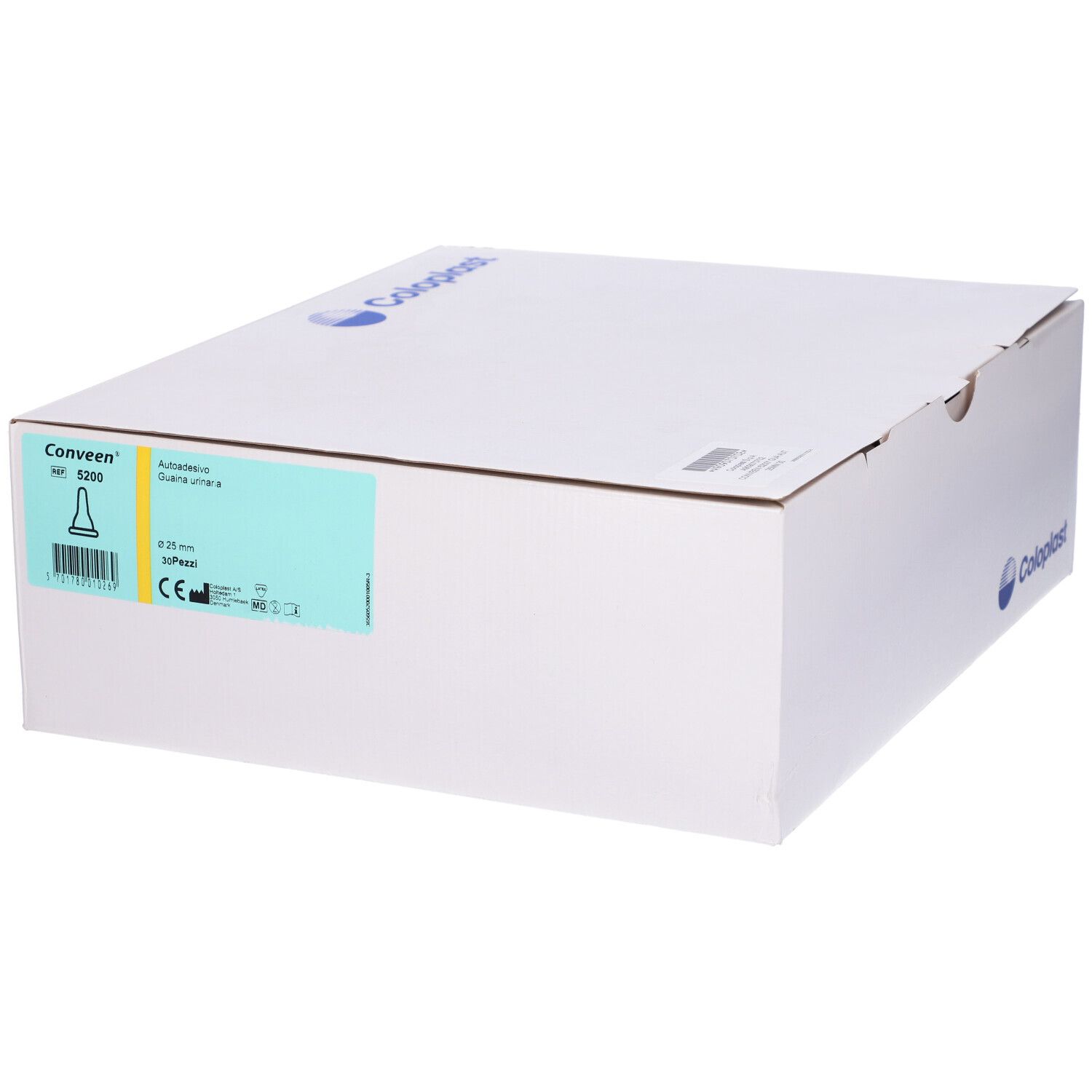 Confezione in cartone bianco con logo Coloplast ed etichetta prodotto. Scritta: Conveen.
