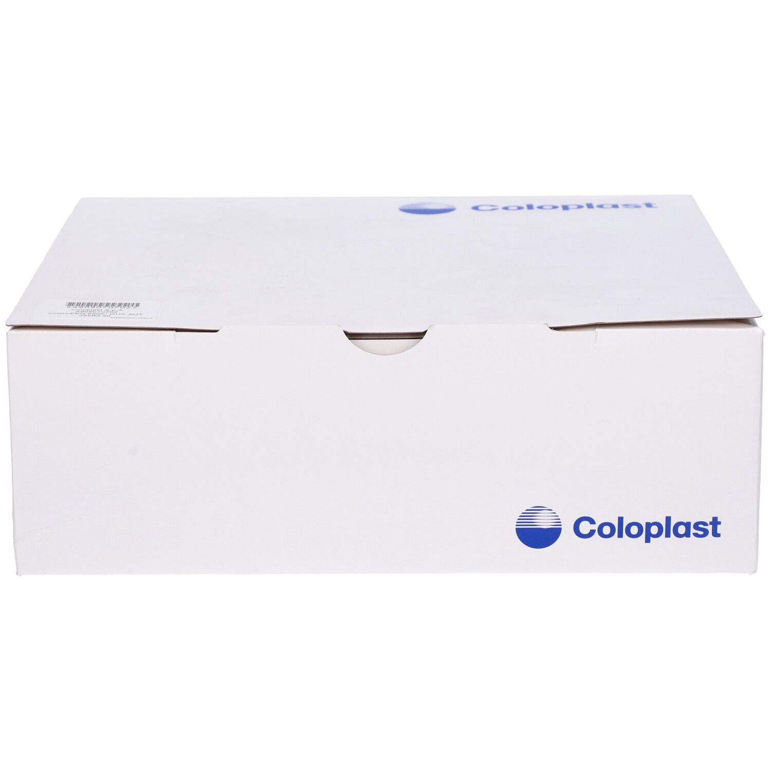 Confezione in cartone bianco con logo Coloplast. Confezione chiusa.