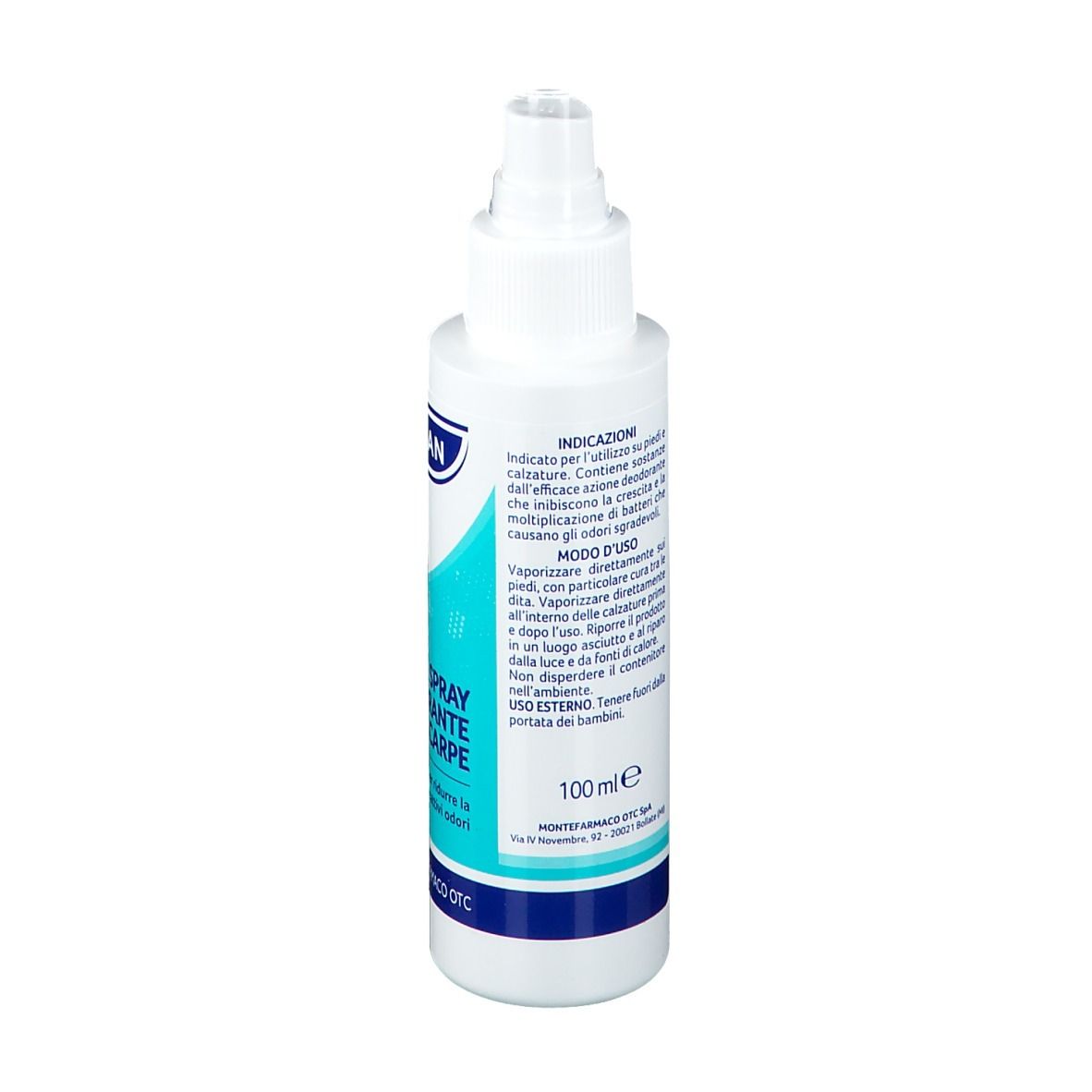 Weiße Sprühflasche NOK SAN Fuß- und Schuhdeodorant. Rückseite mit Text. 100 ml.