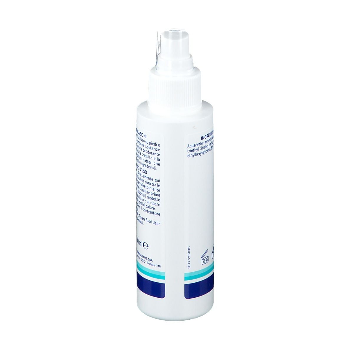 Weiße Sprühflasche NOK SAN Fuß- und Schuhdeodorant. Rückseite mit Text. 100 ml.