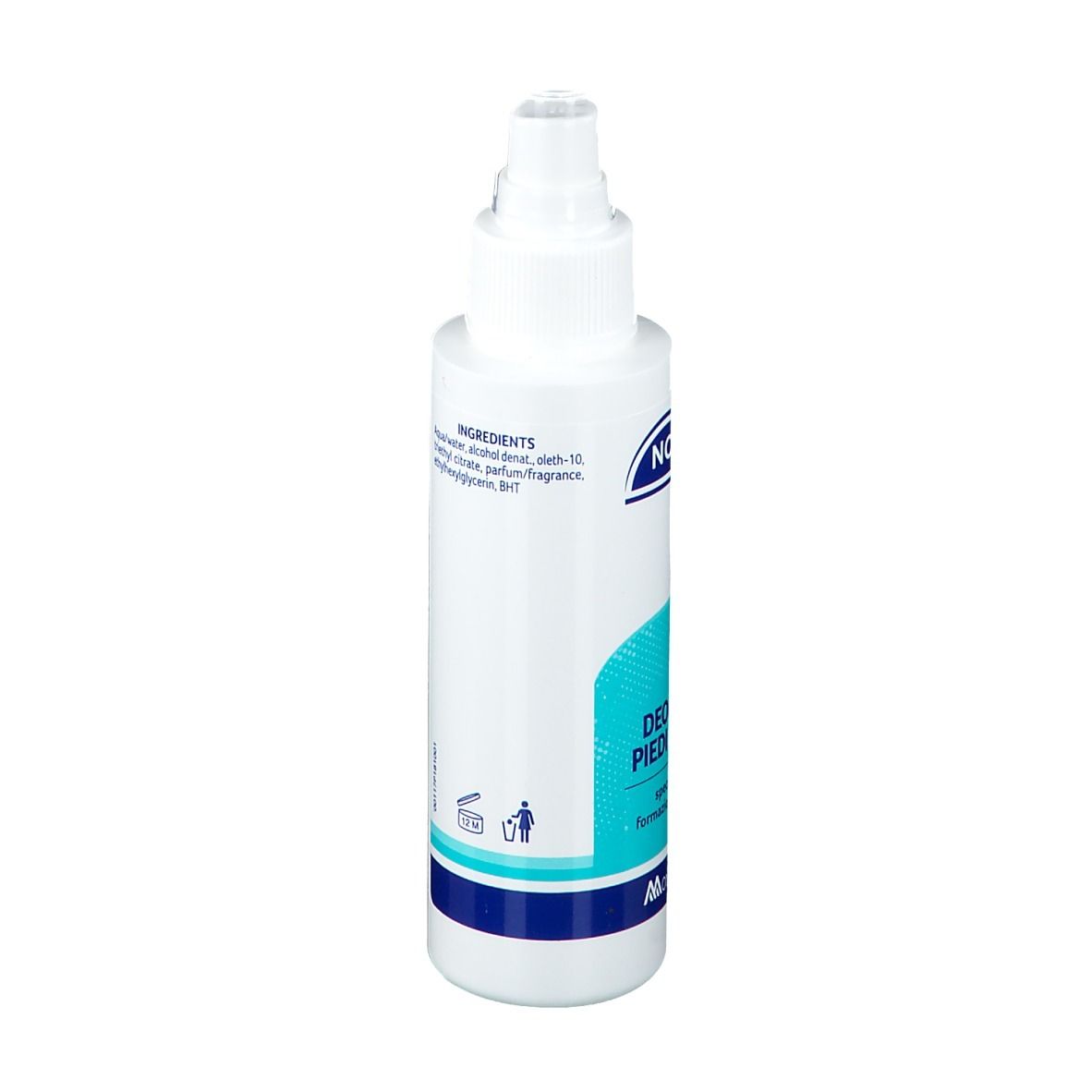 Weiße Sprühflasche NOK SAN Fuß- und Schuhdeodorant. Rückseite mit Text. 100 ml.