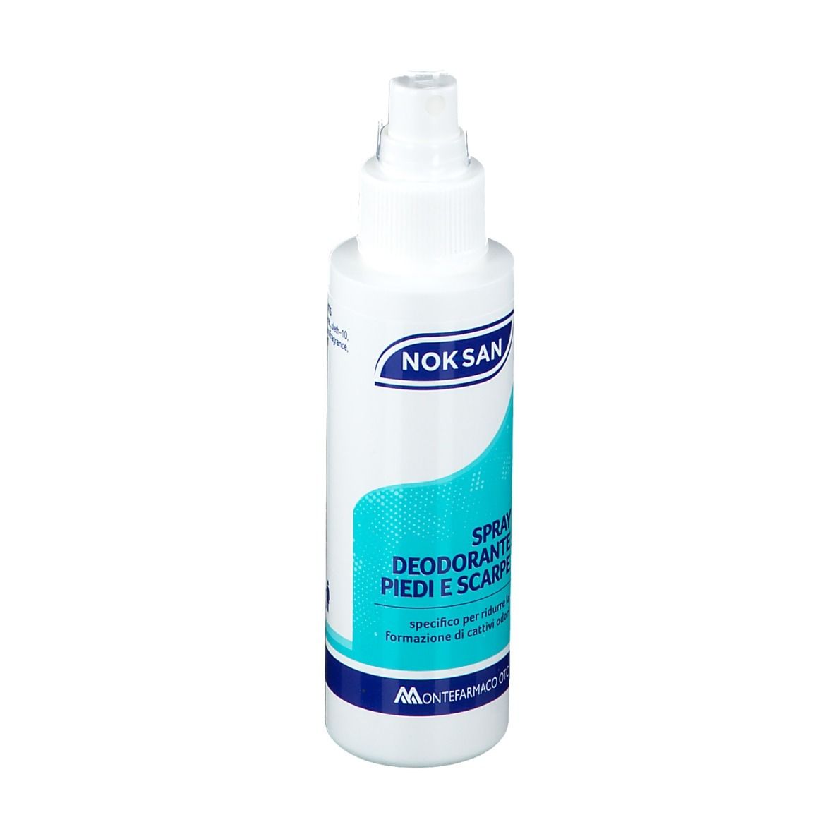 Weiße Sprühflasche NOK SAN Fuß- und Schuhdeodorant. Text: Spray Deodorante Piedi e Scarpe. Blaues Design.