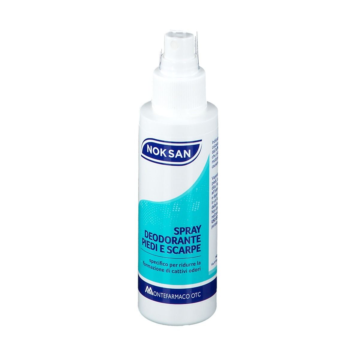 Weiße Sprühflasche NOK SAN Fuß- und Schuhdeodorant. Text: Spray Deodorante Piedi e Scarpe. Blaues Design.