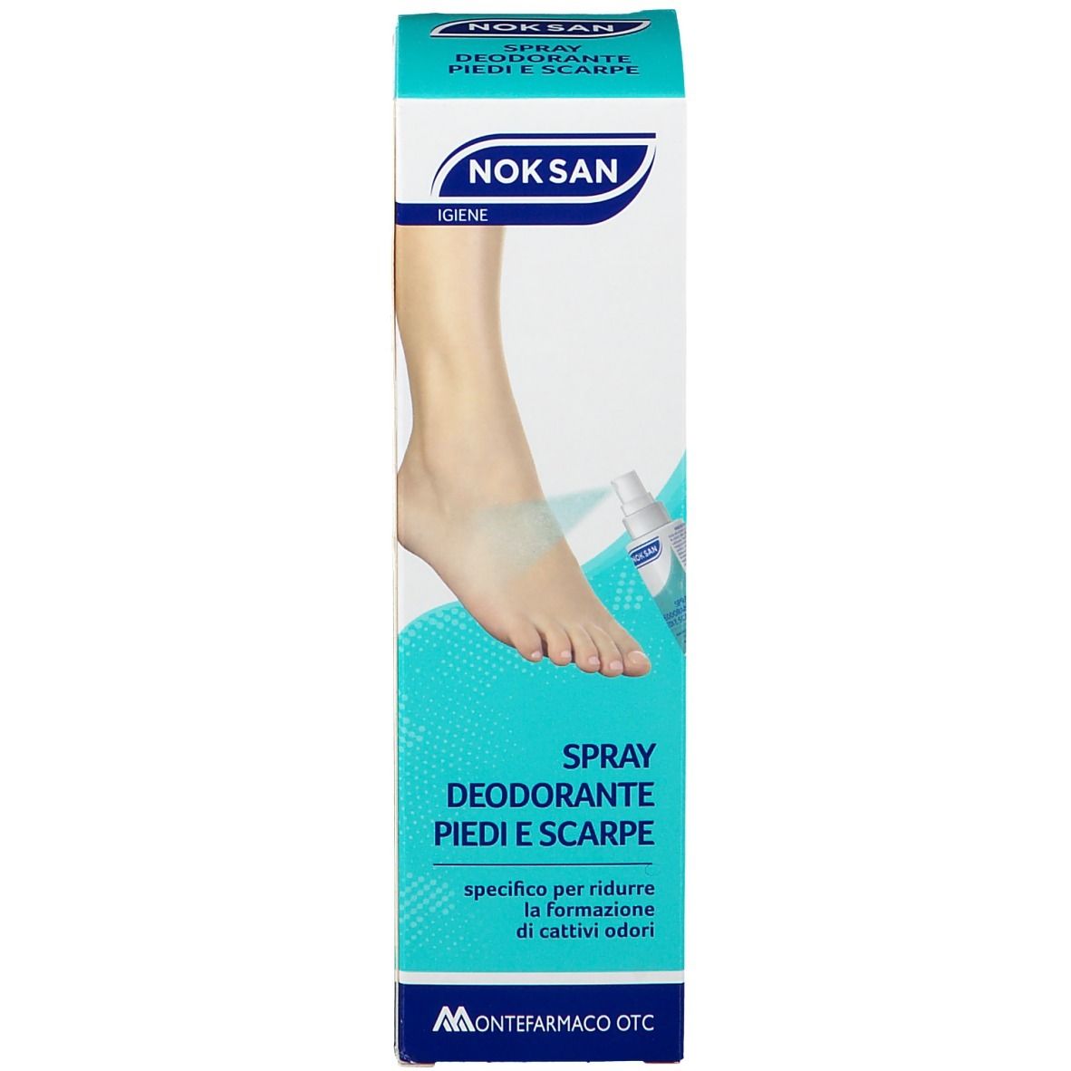 Karton NOK SAN Fuß- und Schuhdeodorant. Fuß auf der Verpackung abgebildet. Text: Spray Deodorante Piedi e Scarpe.