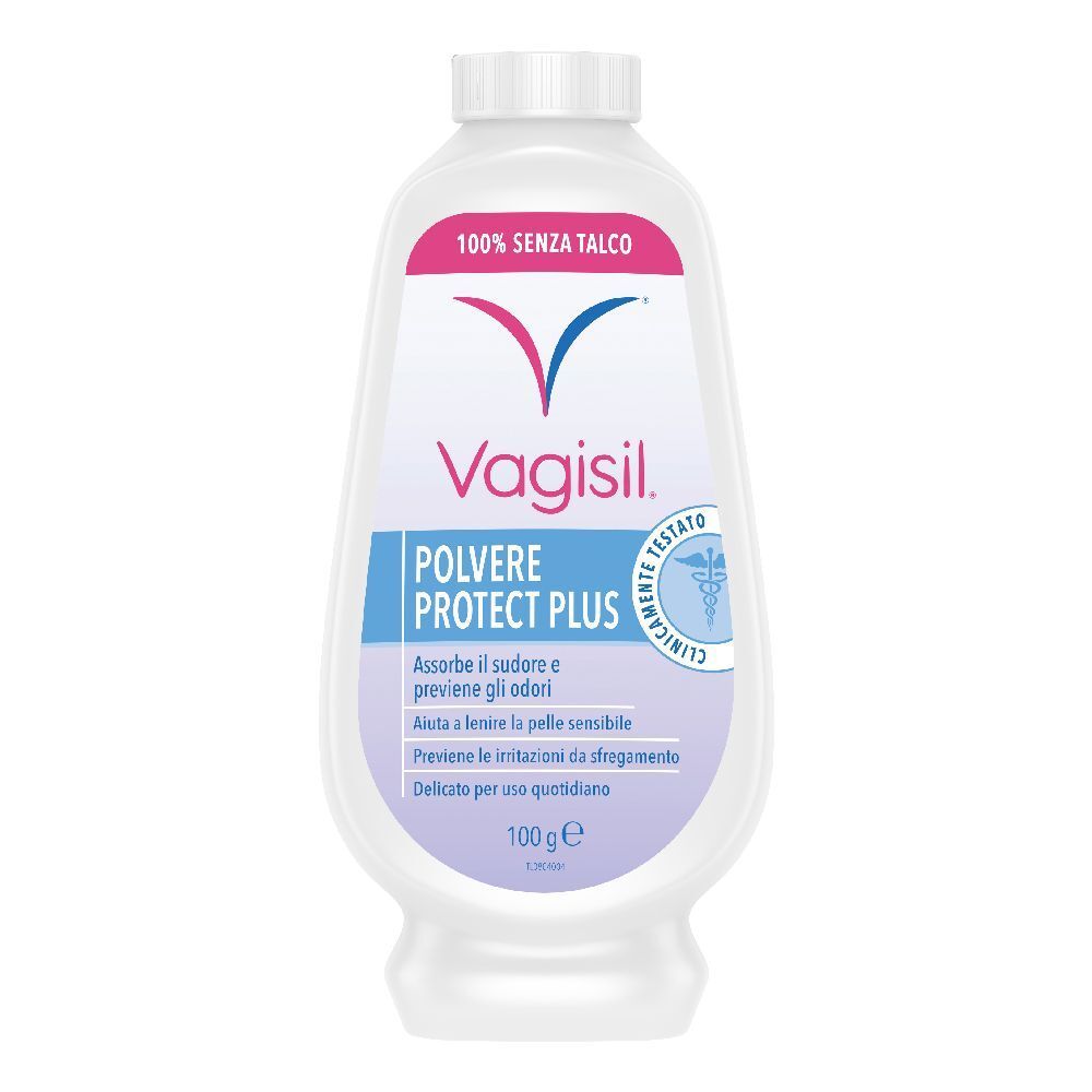 Flacone bianco di polvere Vagisil Protect Plus. Etichette rosa e blu con nome e testo del prodotto. Clinicamente testato.