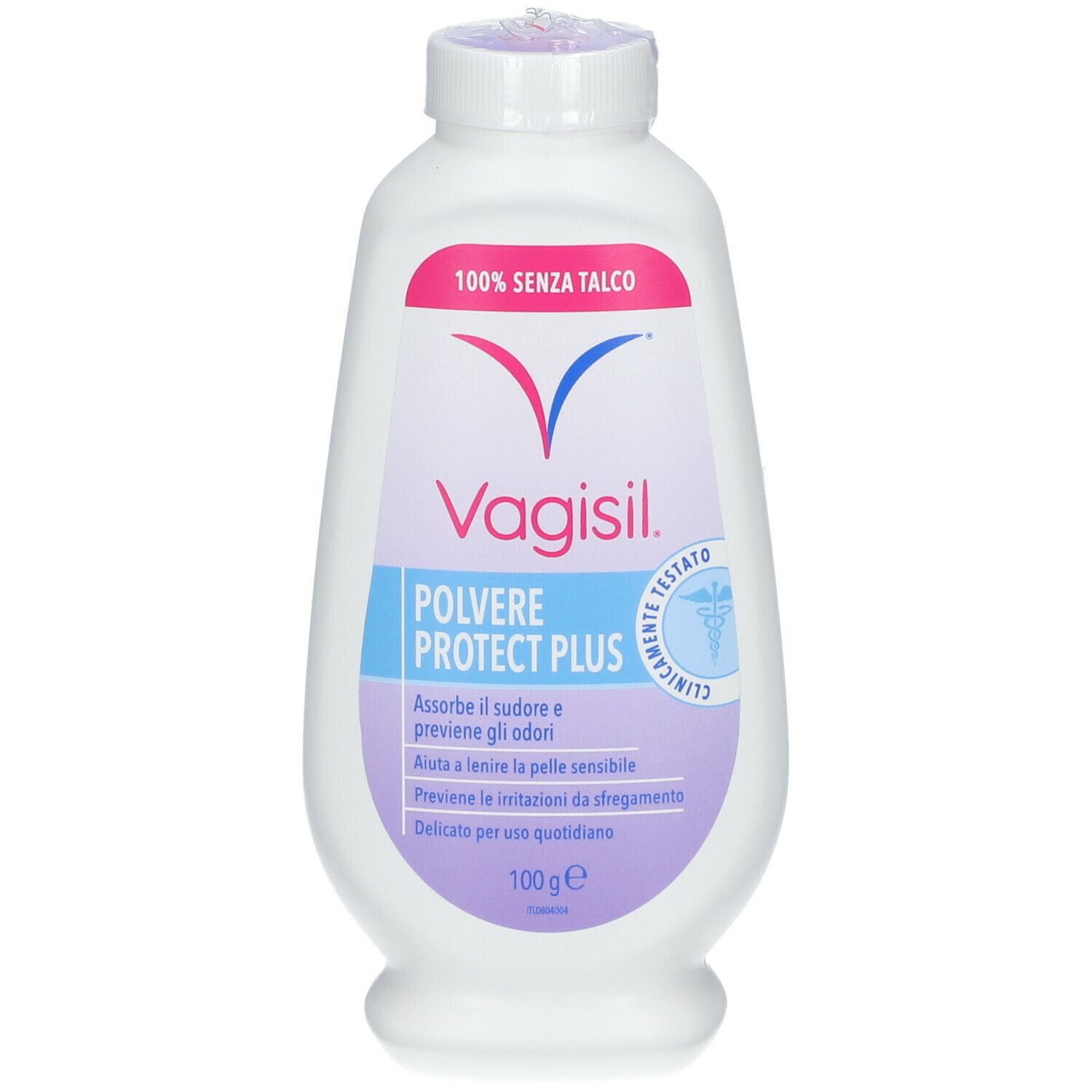 Flacone bianco di polvere Vagisil Protect Plus. Etichette rosa e blu con nome e testo del prodotto. Clinicamente testato.