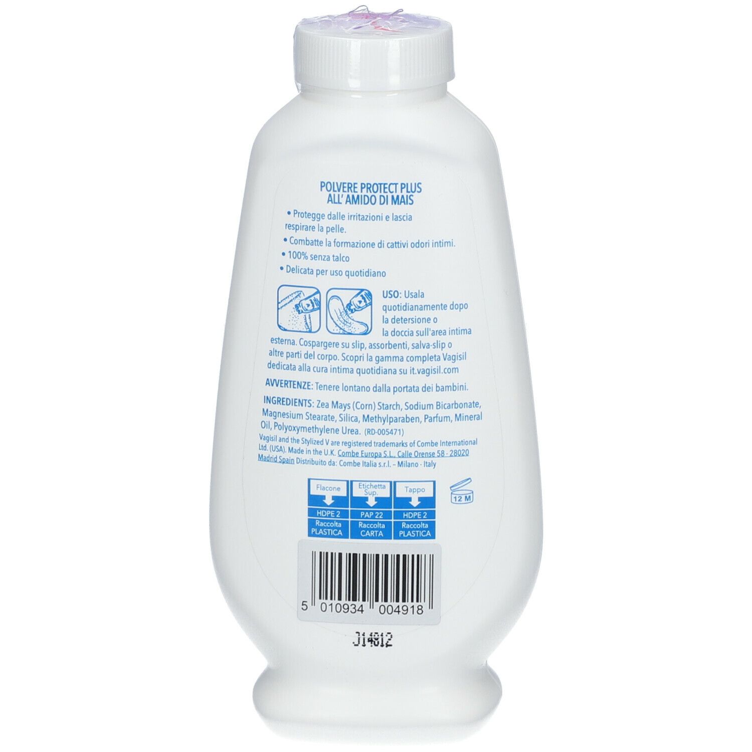 Retro del flacone bianco di polvere Vagisil Protect Plus. Testo in italiano. Codice a barre e simboli di riciclaggio.