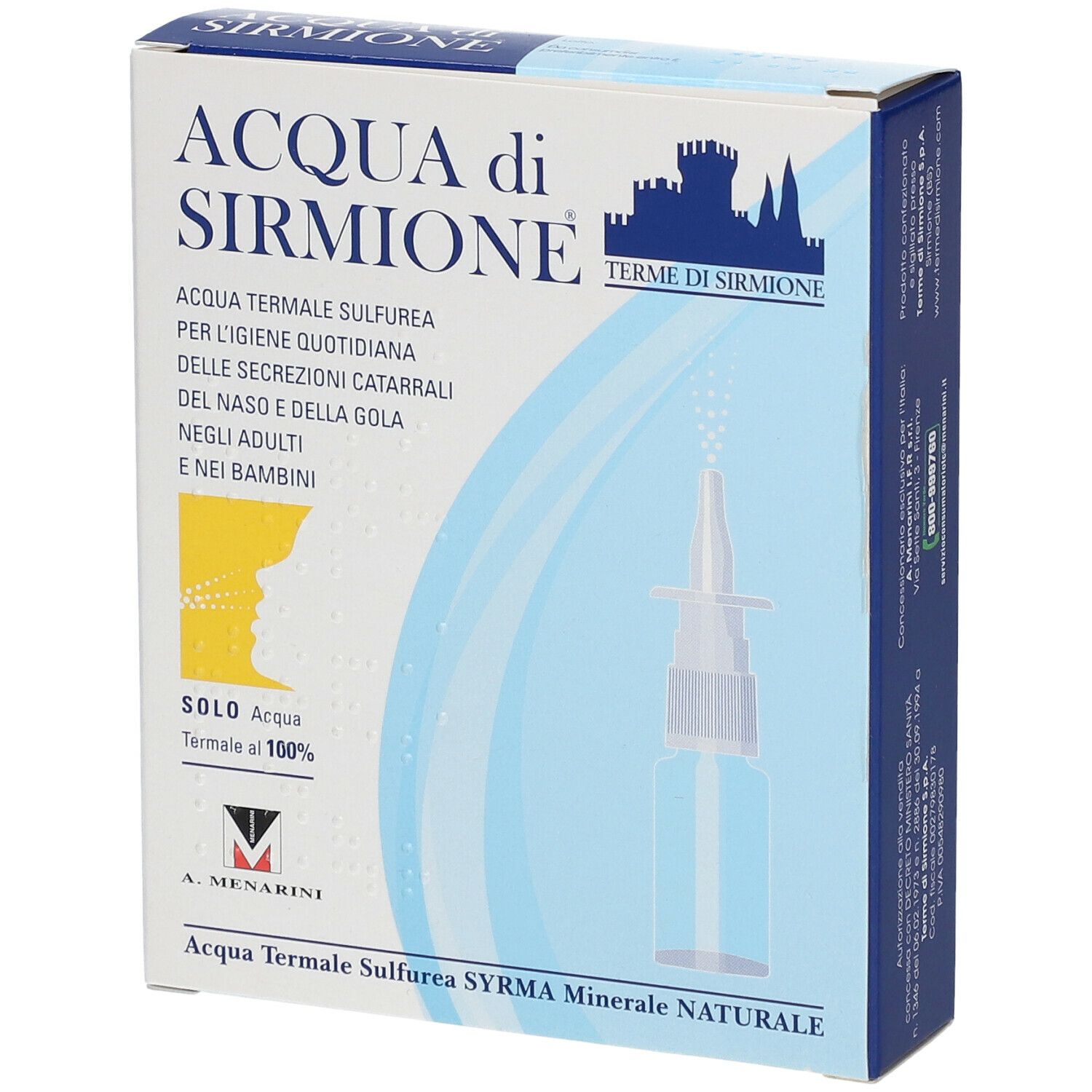 Emballage du produit avec texte: Acqua di Sirmione. Illustration d'un vaporisateur. Texte: Acqua Termale Sulfurea.