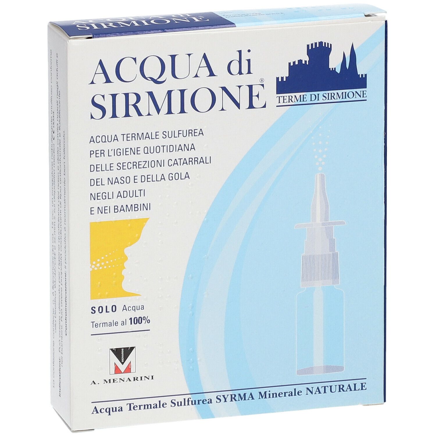 Emballage du produit avec texte: Acqua di Sirmione. Illustration d'un vaporisateur. Texte: Acqua Termale Sulfurea.
