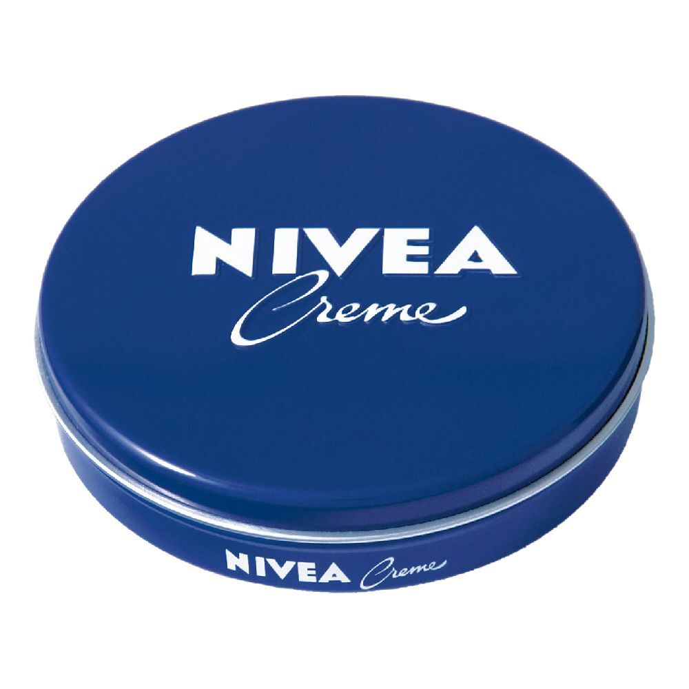Barattolo rotondo blu con scritta bianca NIVEA Creme. Il coperchio è bordato da un bordo argentato.