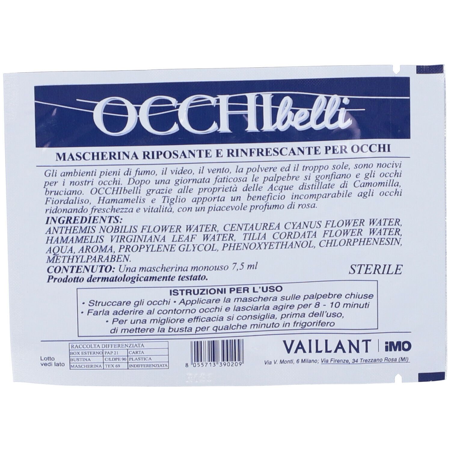 Retro della busta con nome del prodotto e testo. Contiene ingredienti e istruzioni per l'uso.