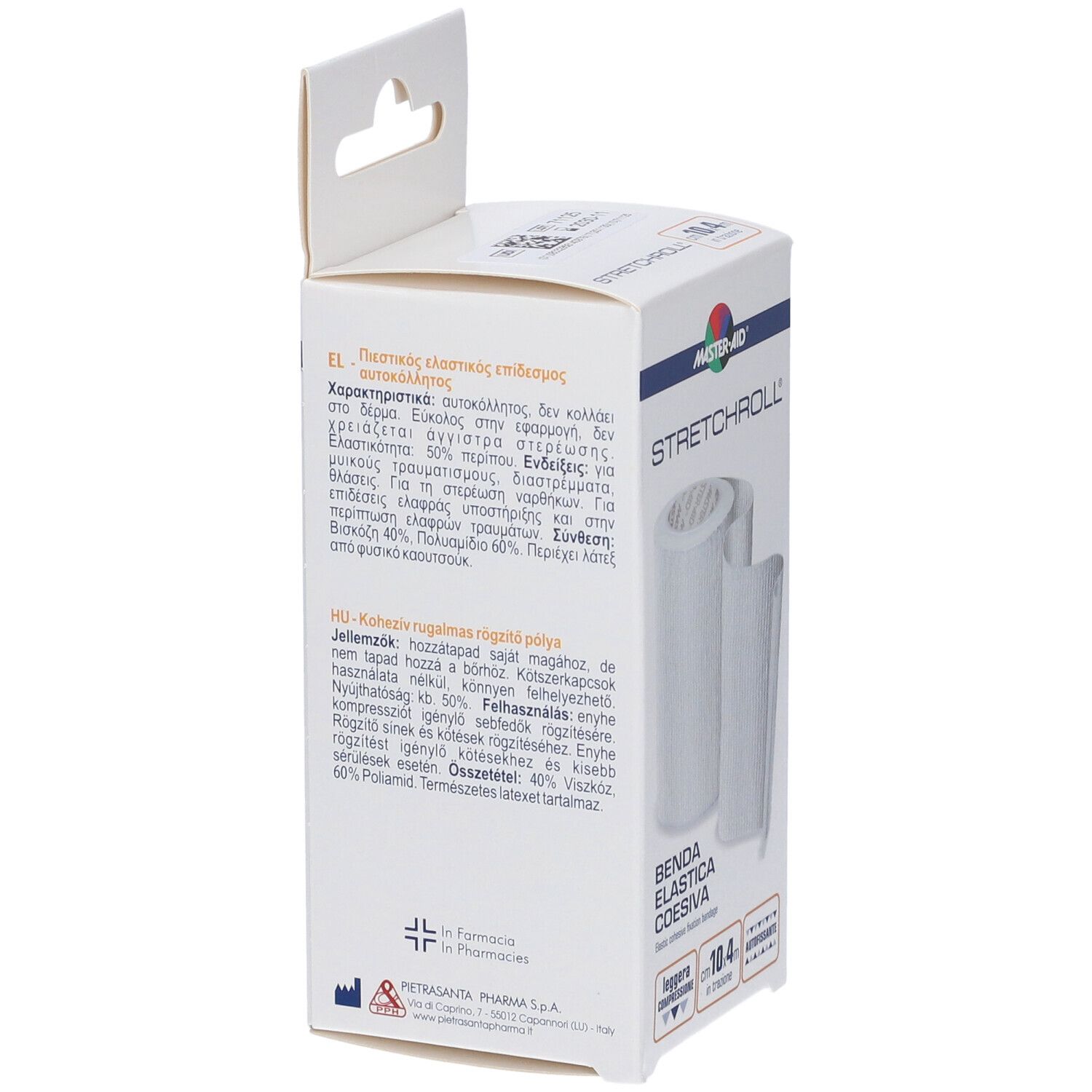 Rückseite der weißen Verpackung. Text in verschiedenen Sprachen. MASTER-AID Stretchroll. Benda elastica coesiva.