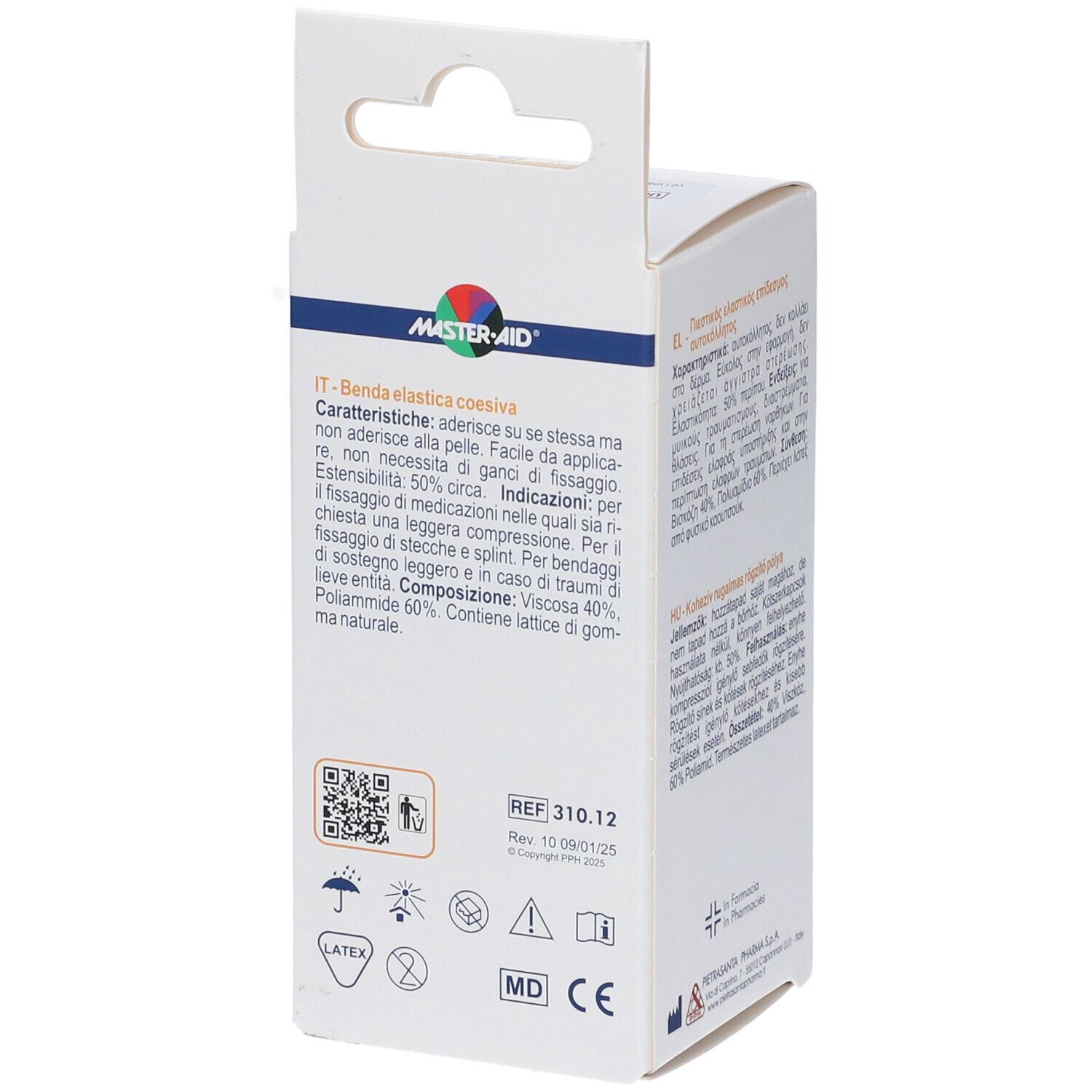 Verpackung mit Text in verschiedenen Sprachen. MASTER-AID Stretchroll. Benda elastica coesiva. QR-Code und Logos.