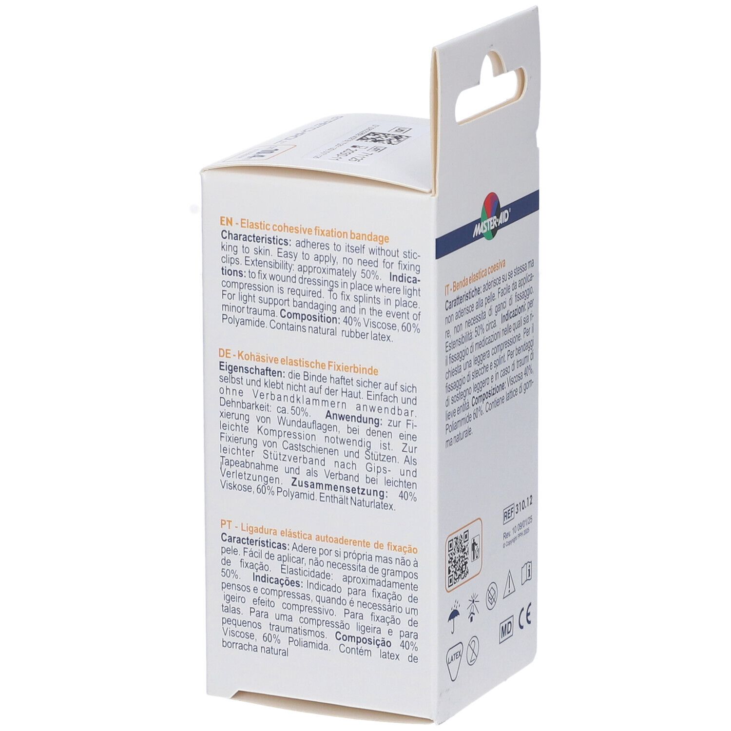 Verpackung mit Text in verschiedenen Sprachen. MASTER-AID Stretchroll. Benda elastica coesiva. Logos und CE-Zeichen.