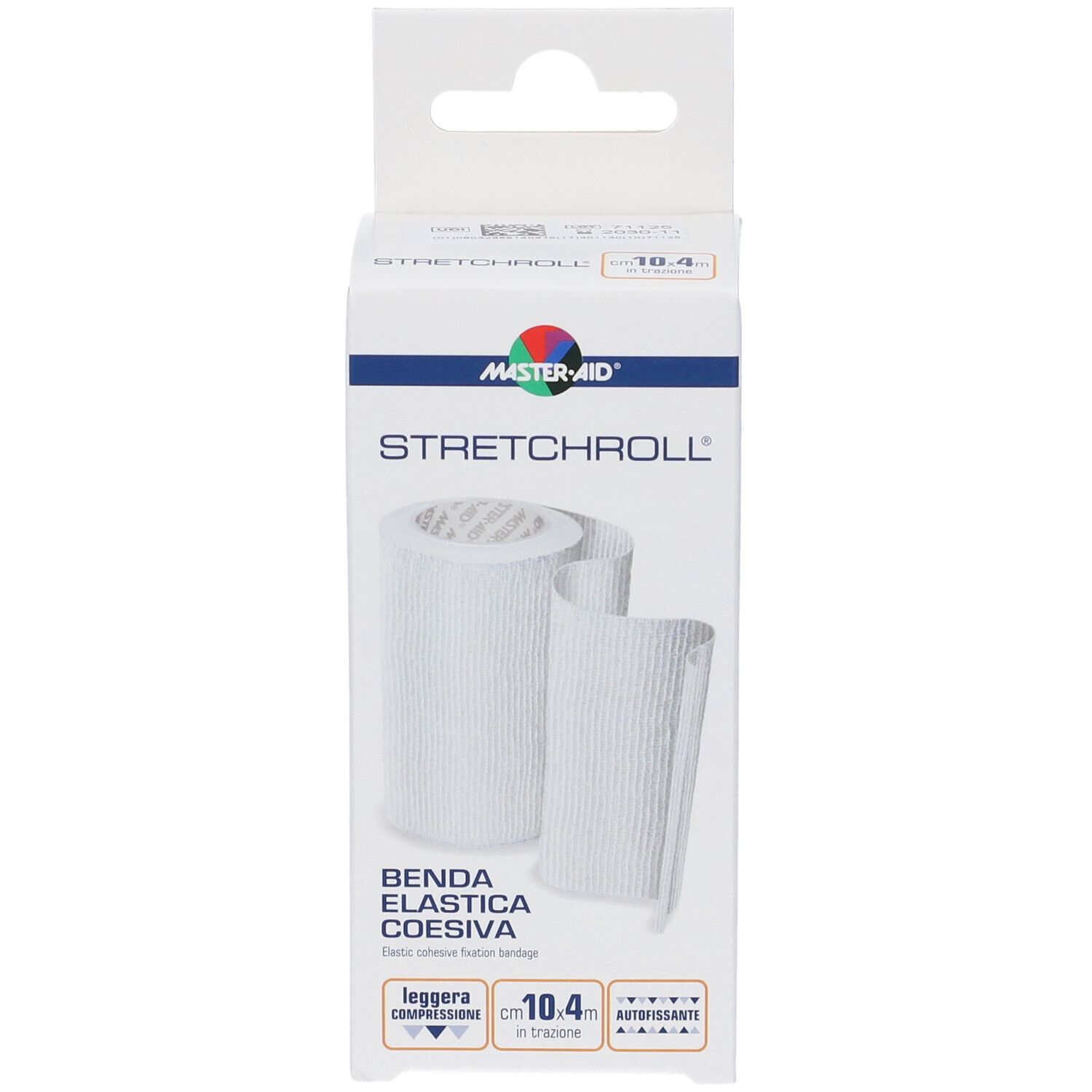 Weiße Verpackung mit MASTER-AID Stretchroll. Aufgerollte Bandage sichtbar. Text: Benda elastica coesiva, 10.4m.