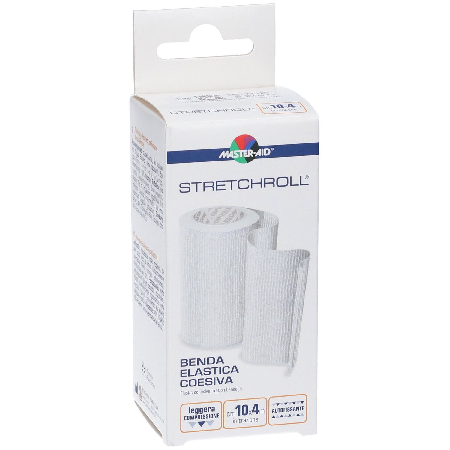 Weiße Verpackung mit MASTER-AID Stretchroll. Aufgerollte Bandage sichtbar. Text: Benda elastica coesiva, 10.4m.