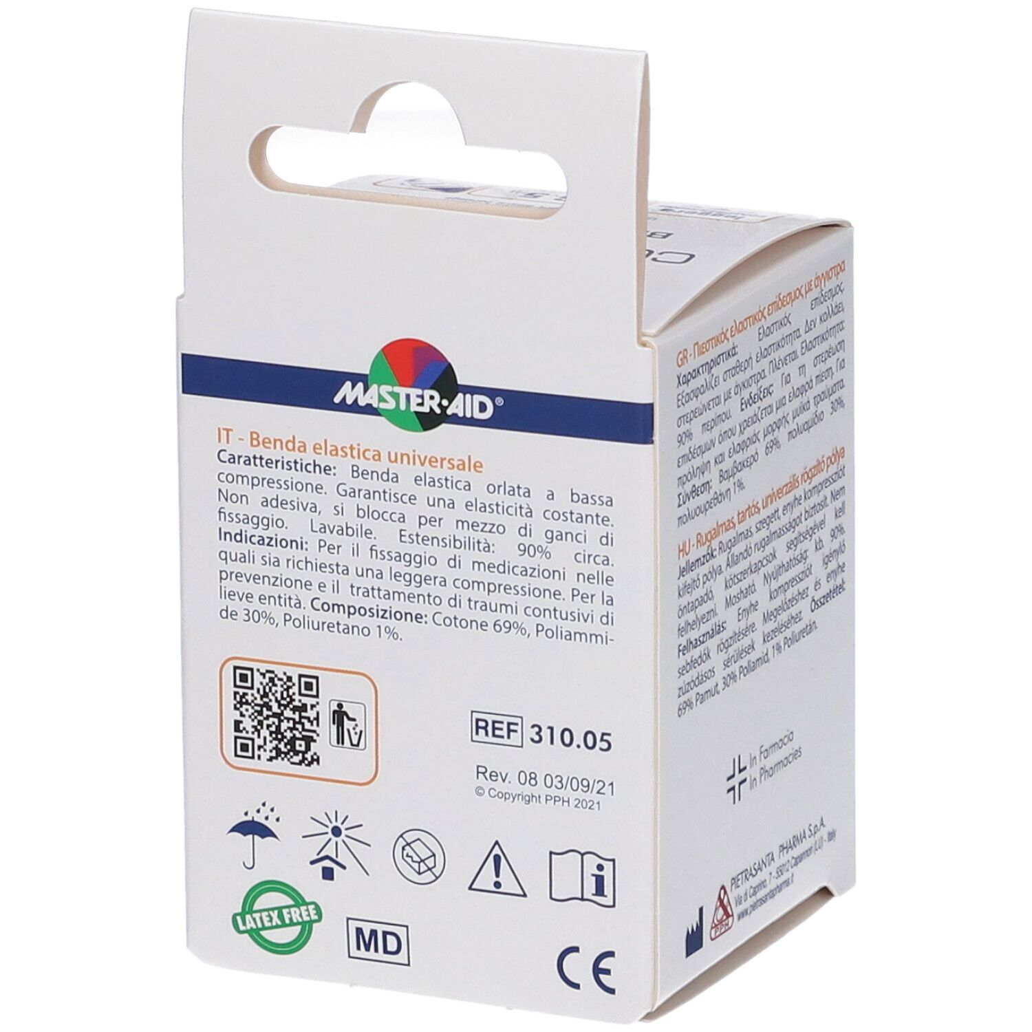 Master-Aid elastische Binde, 35% Baumwolle, 69% Polyamid, 1% Polyurethan, latexfrei.