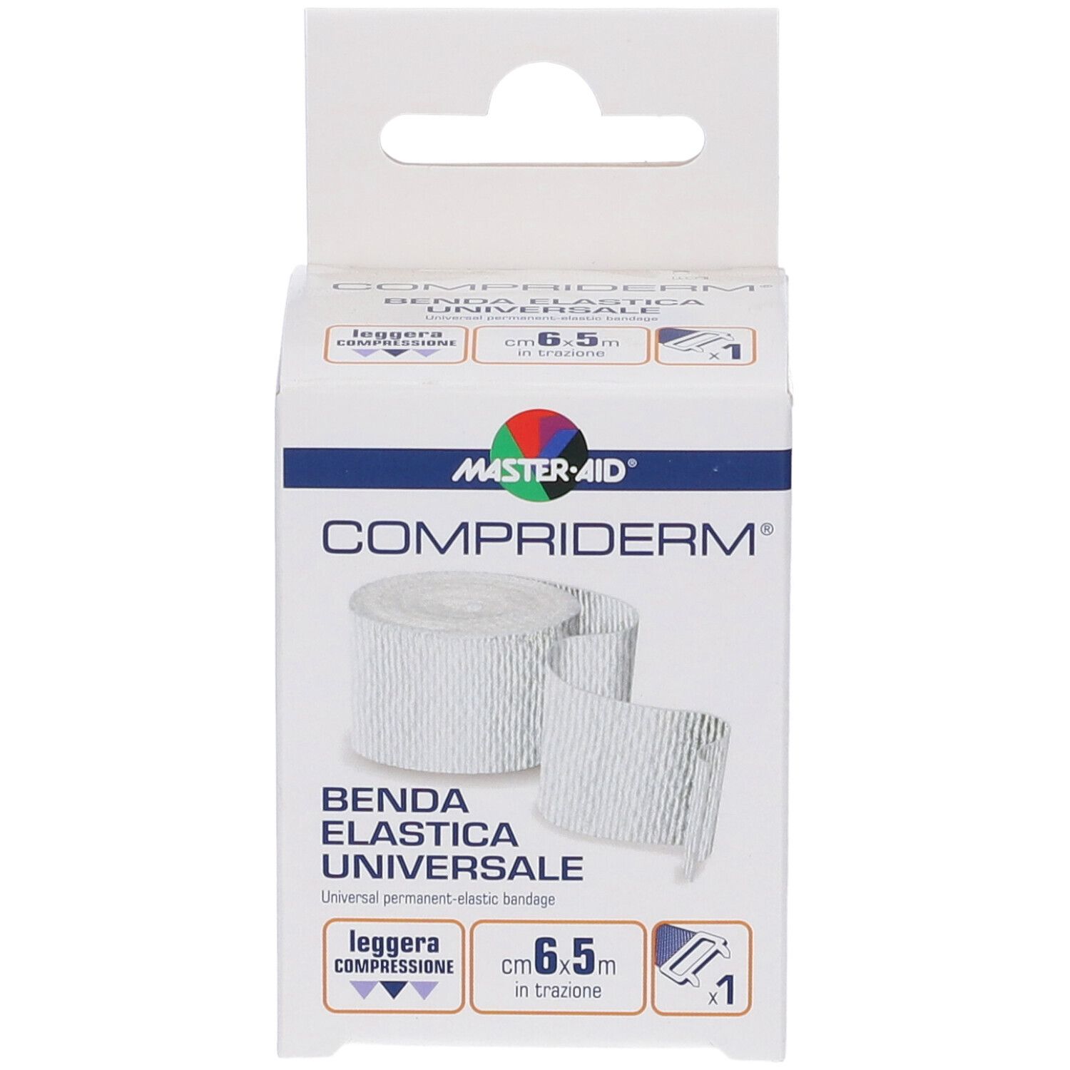 Verpackung für COMPRIDERM Universal-Bandage, 6,5cm x 5m.