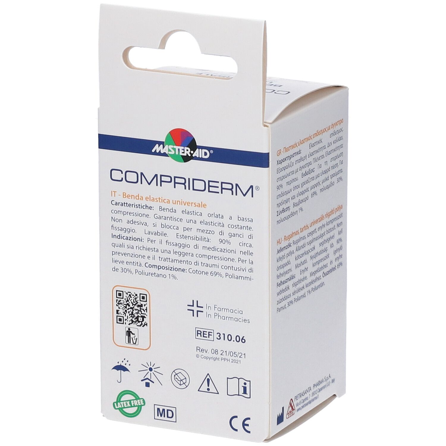 Verpackung einer elastischen Universalbinde von COMPRIDERM. Die Binde ist weiß und 8,5 cm breit. Enthält 2 Stück.