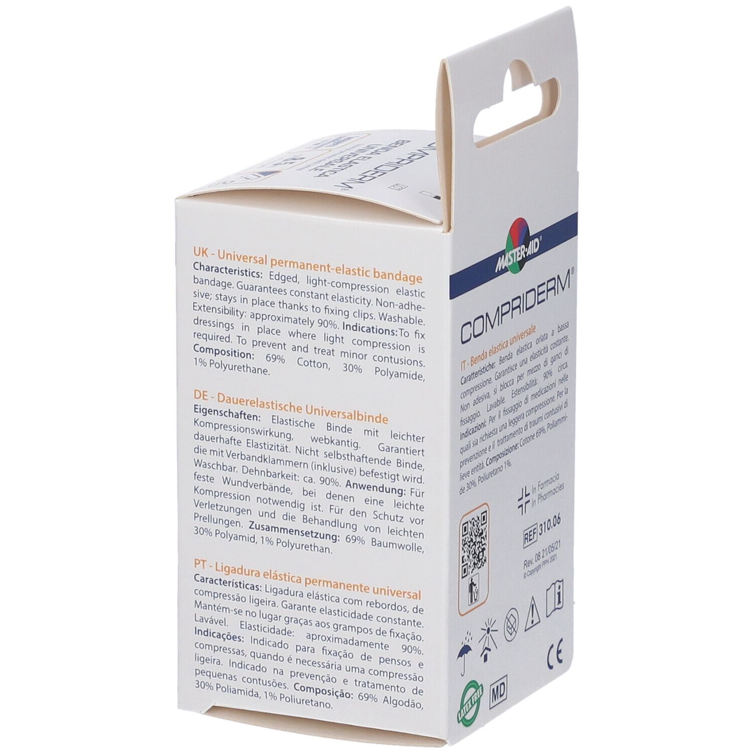 Verpackung einer elastischen Universalbinde von COMPRIDERM. Die Binde ist weiß und 8,5 cm breit. Enthält 2 Stück.