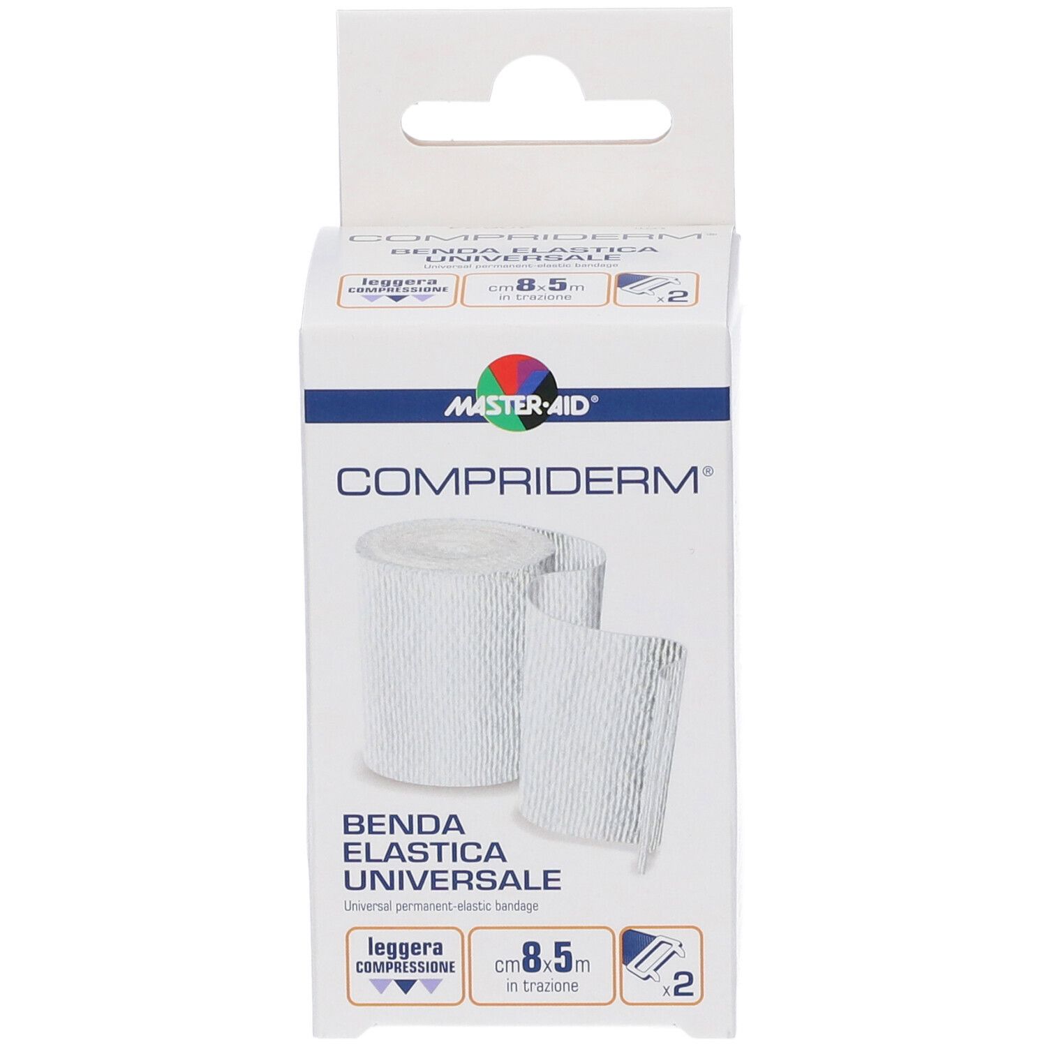 Compriderm elastische Universalbinde, 8,5m, leichte Kompression, 2 Stück.