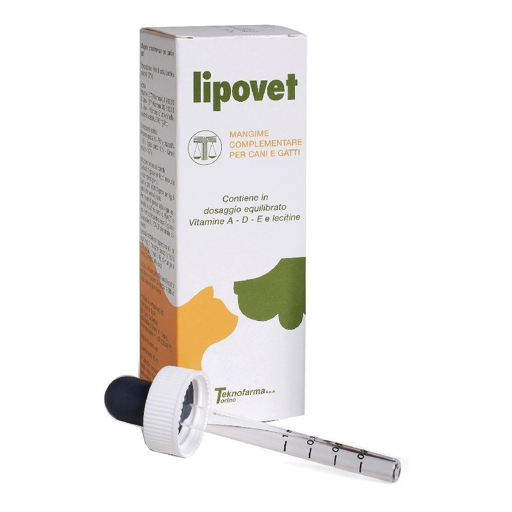 Scatola Lipovet con contagocce. Contiene vitamine A, D, E e lecitina. Per cani e gatti. Logo del marchio.