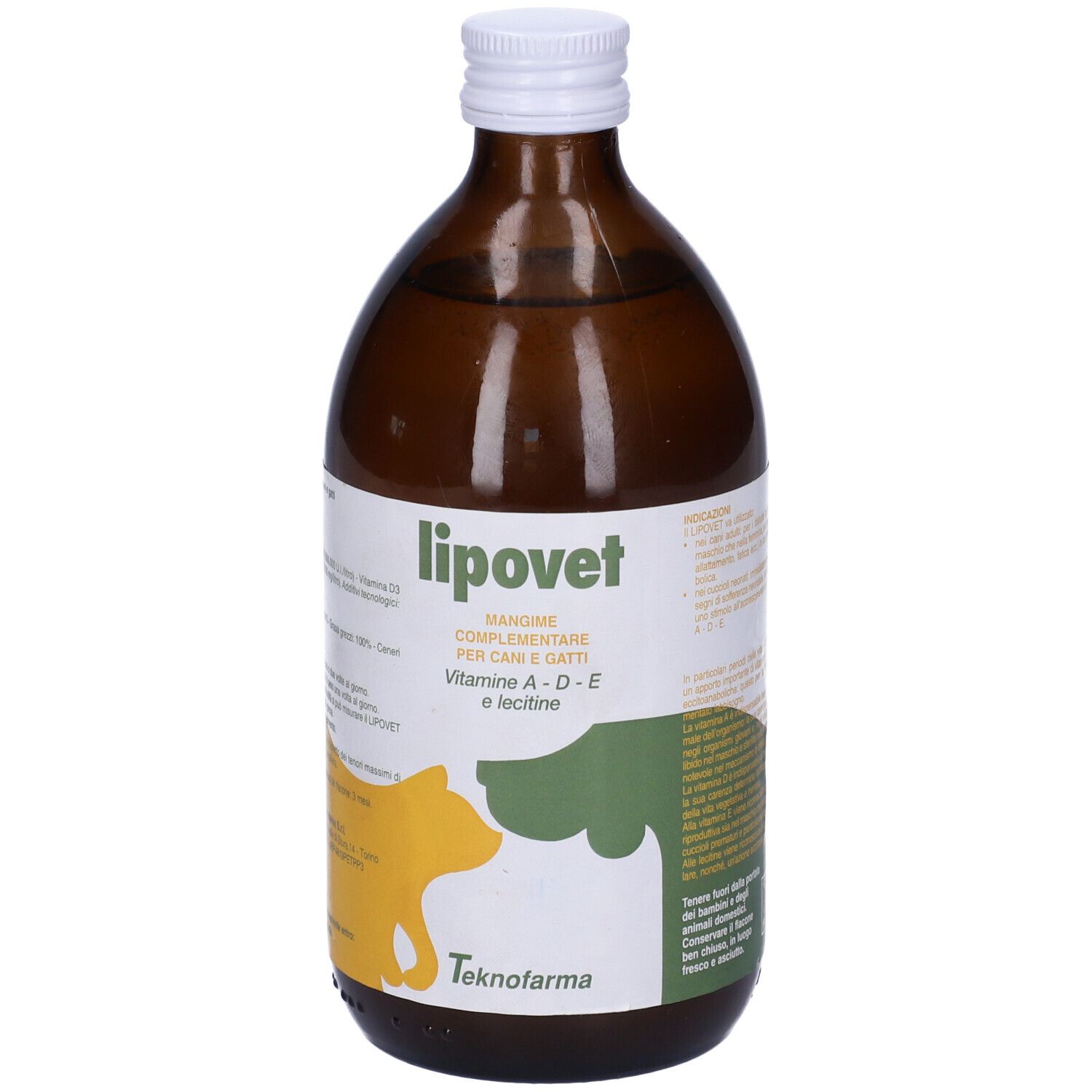 Flacone di vetro marrone con tappo bianco. Etichetta Lipovet. Per cani e gatti. Contiene vitamine A, D, E e lecitina.