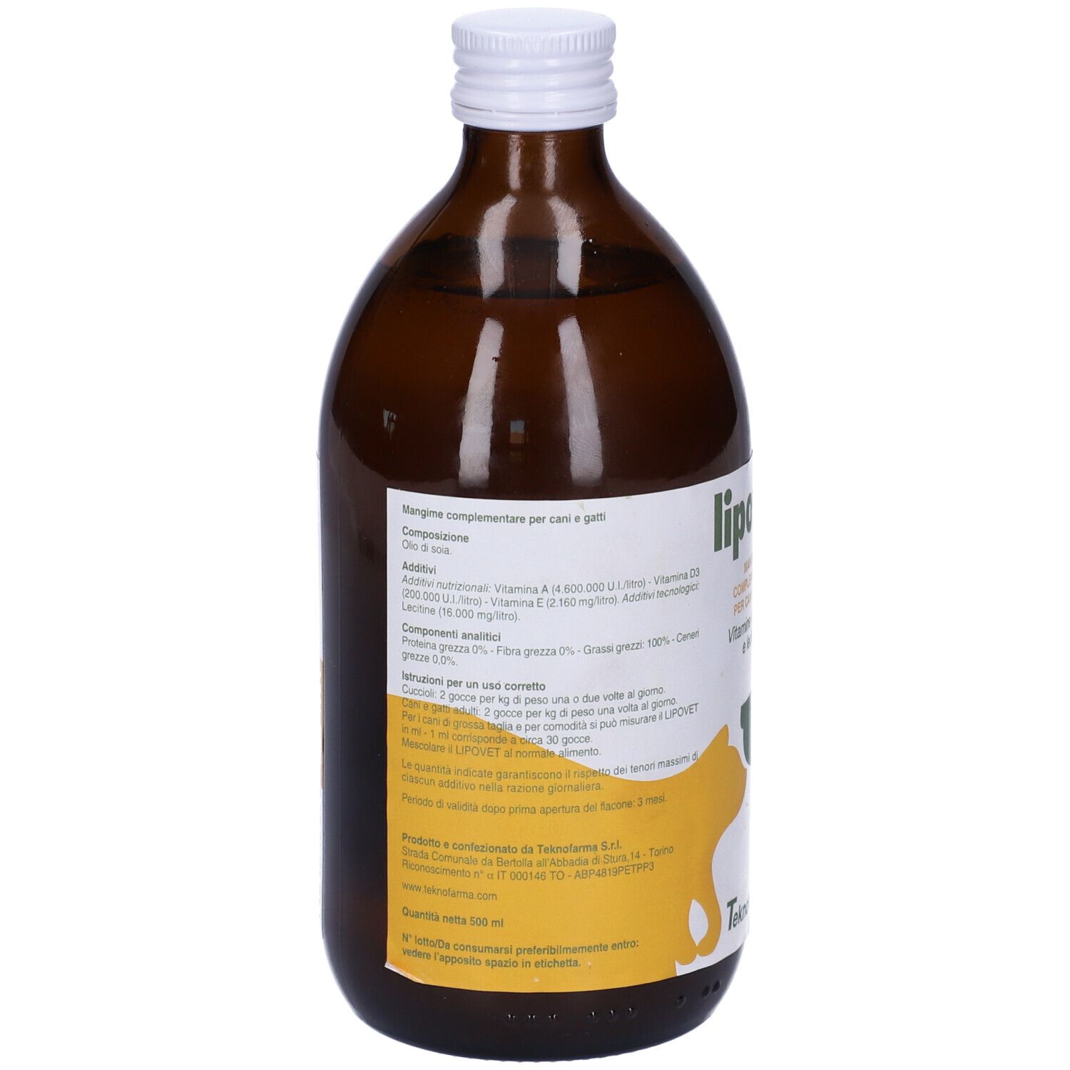 Flacone di vetro marrone con tappo bianco. Etichetta Lipovet. Per cani e gatti. Contiene vitamine A, D, E e lecitina.