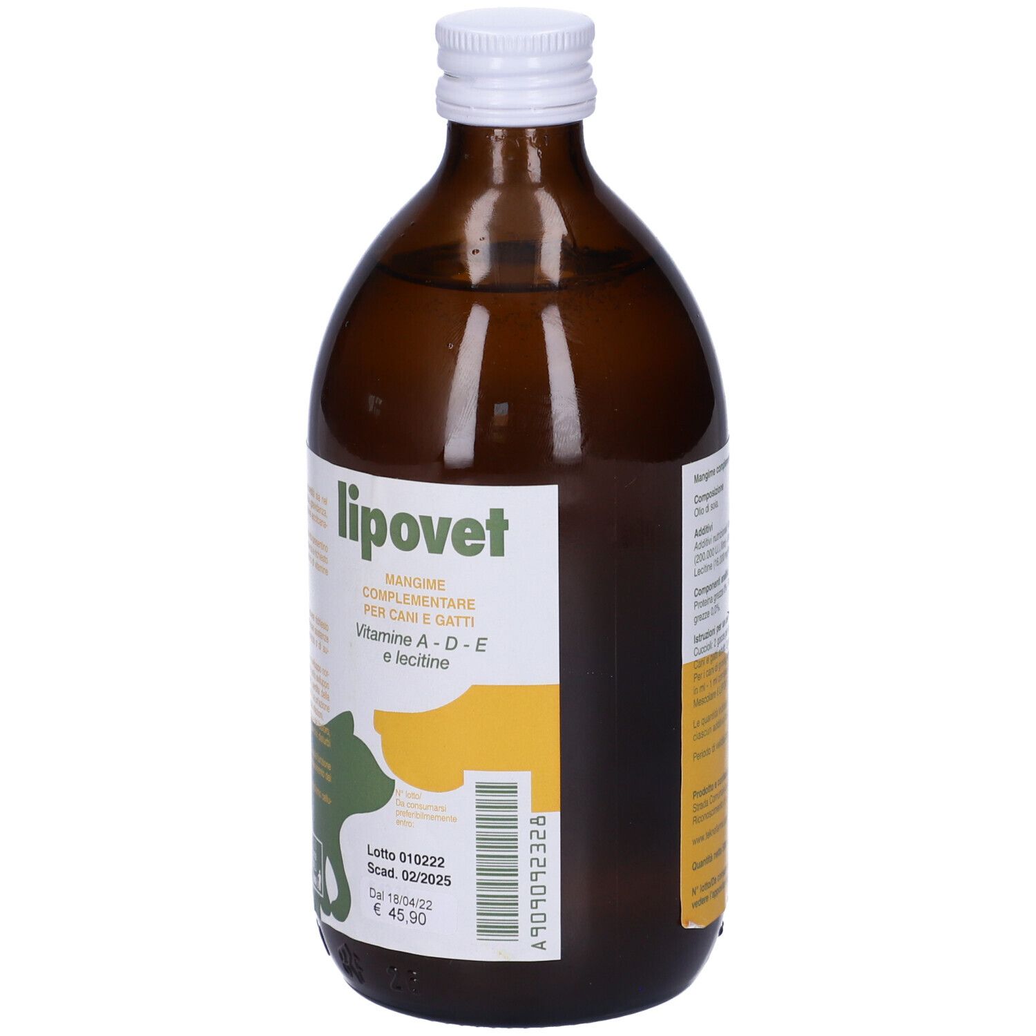 Flacone di vetro marrone con tappo bianco. Etichetta Lipovet. Per cani e gatti. Contiene vitamine A, D, E e lecitina.