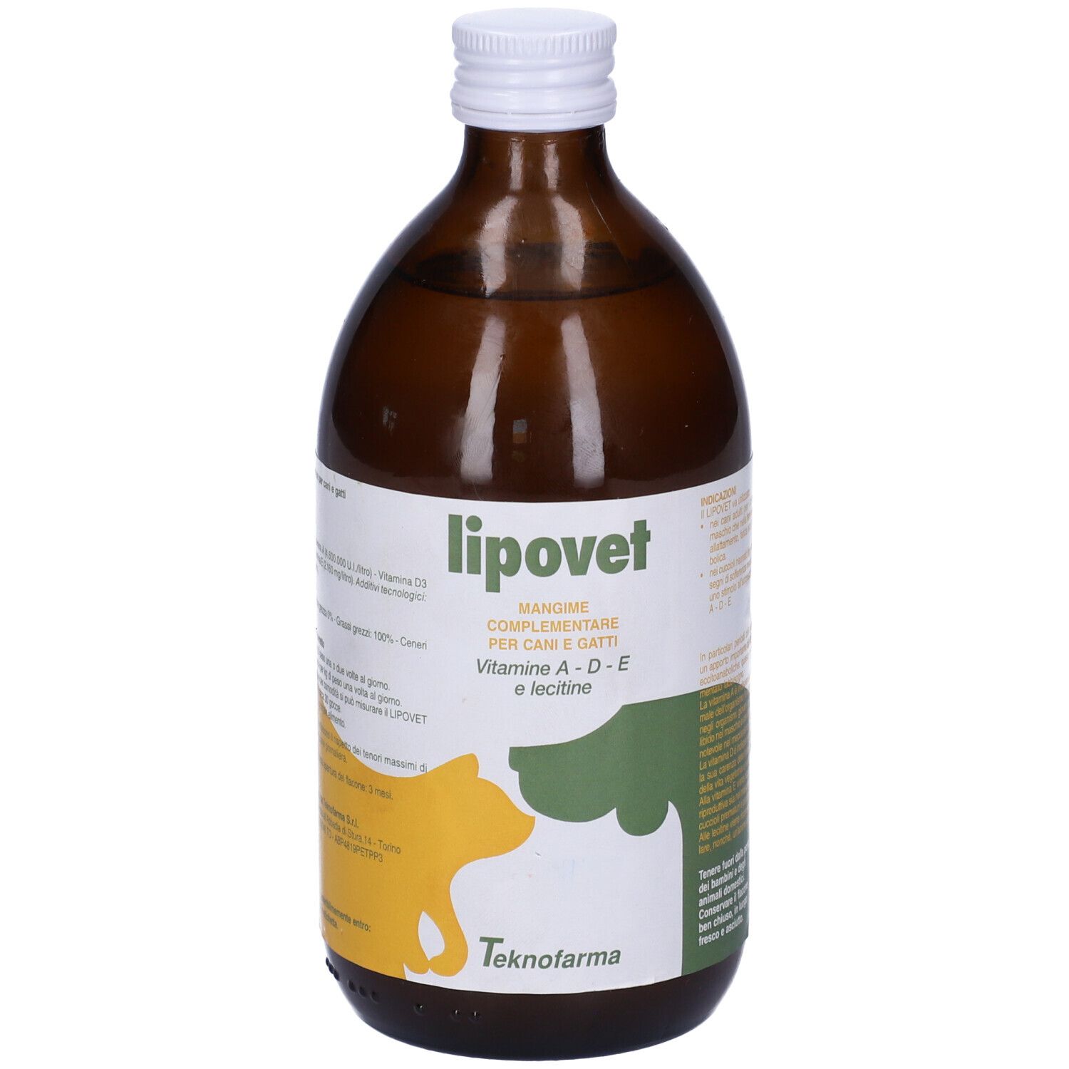 Flacone di vetro marrone con tappo bianco. Etichetta Lipovet. Per cani e gatti. Contiene vitamine A, D, E e lecitina.