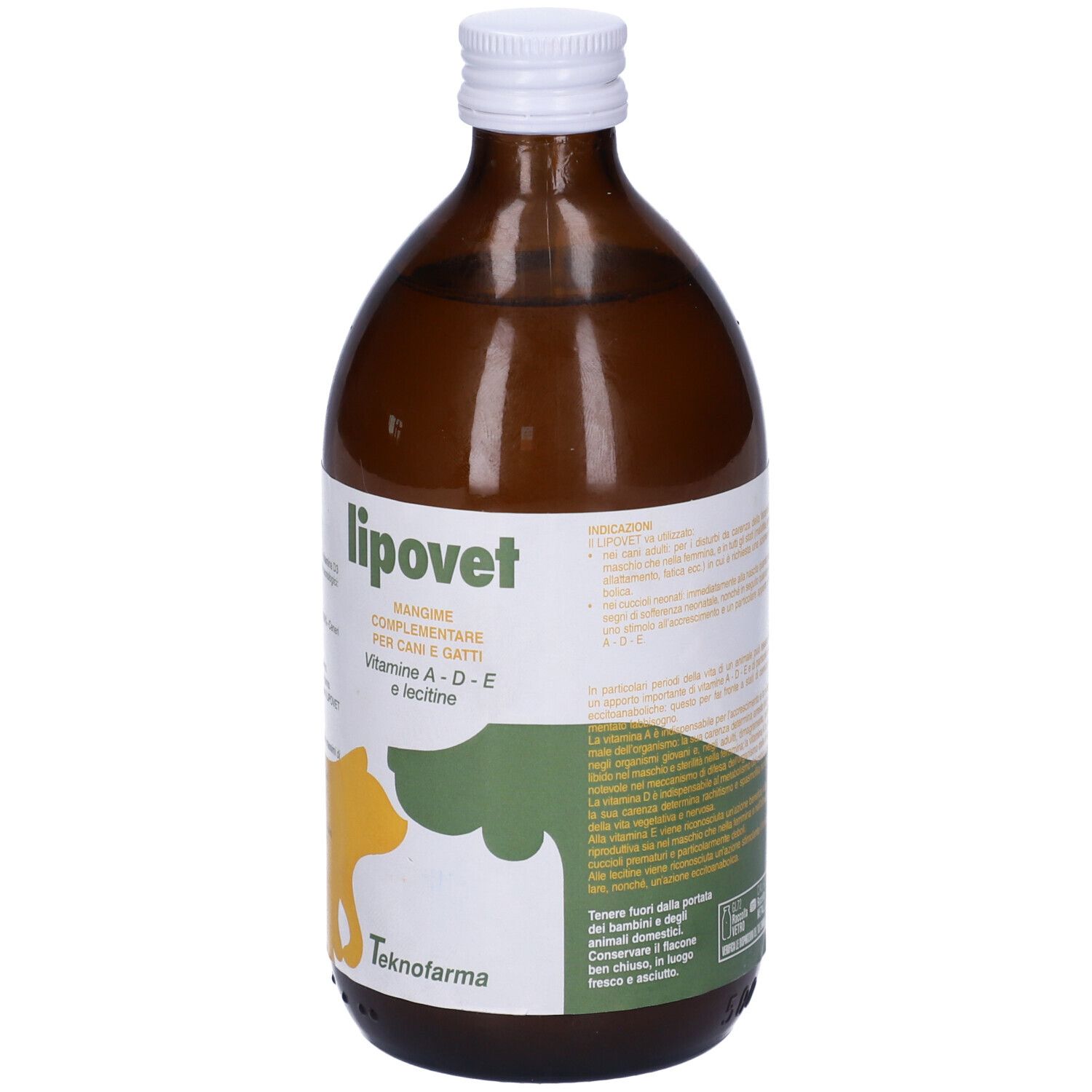 Flacone di vetro marrone con tappo bianco. Etichetta Lipovet. Per cani e gatti. Contiene vitamine A, D, E e lecitina.