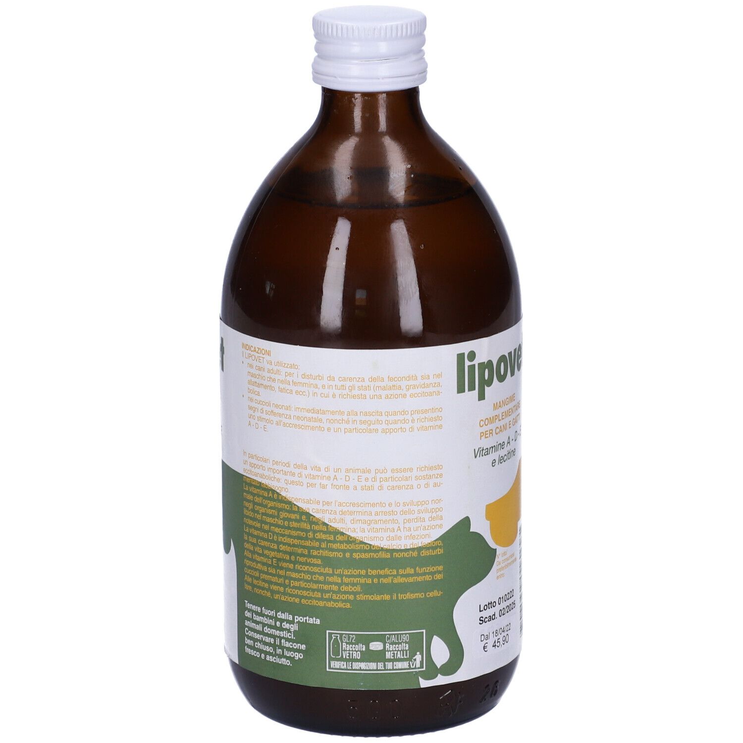 Flacone di vetro marrone con tappo bianco. Etichetta Lipovet. Per cani e gatti. Contiene vitamine A, D, E e lecitina.