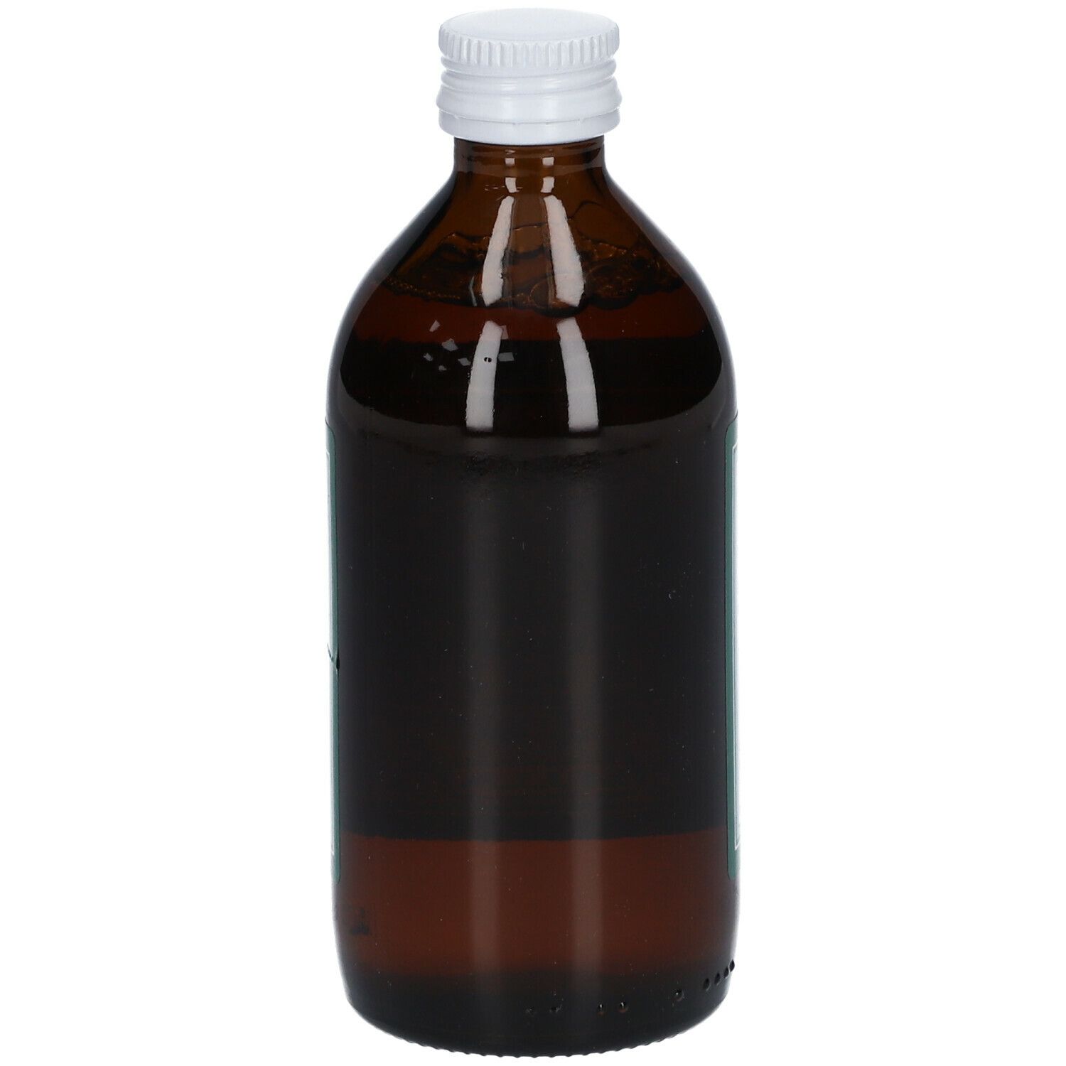 Bottiglia di vetro marrone con tappo bianco. Nessuna etichetta visibile. Liquido all'interno.