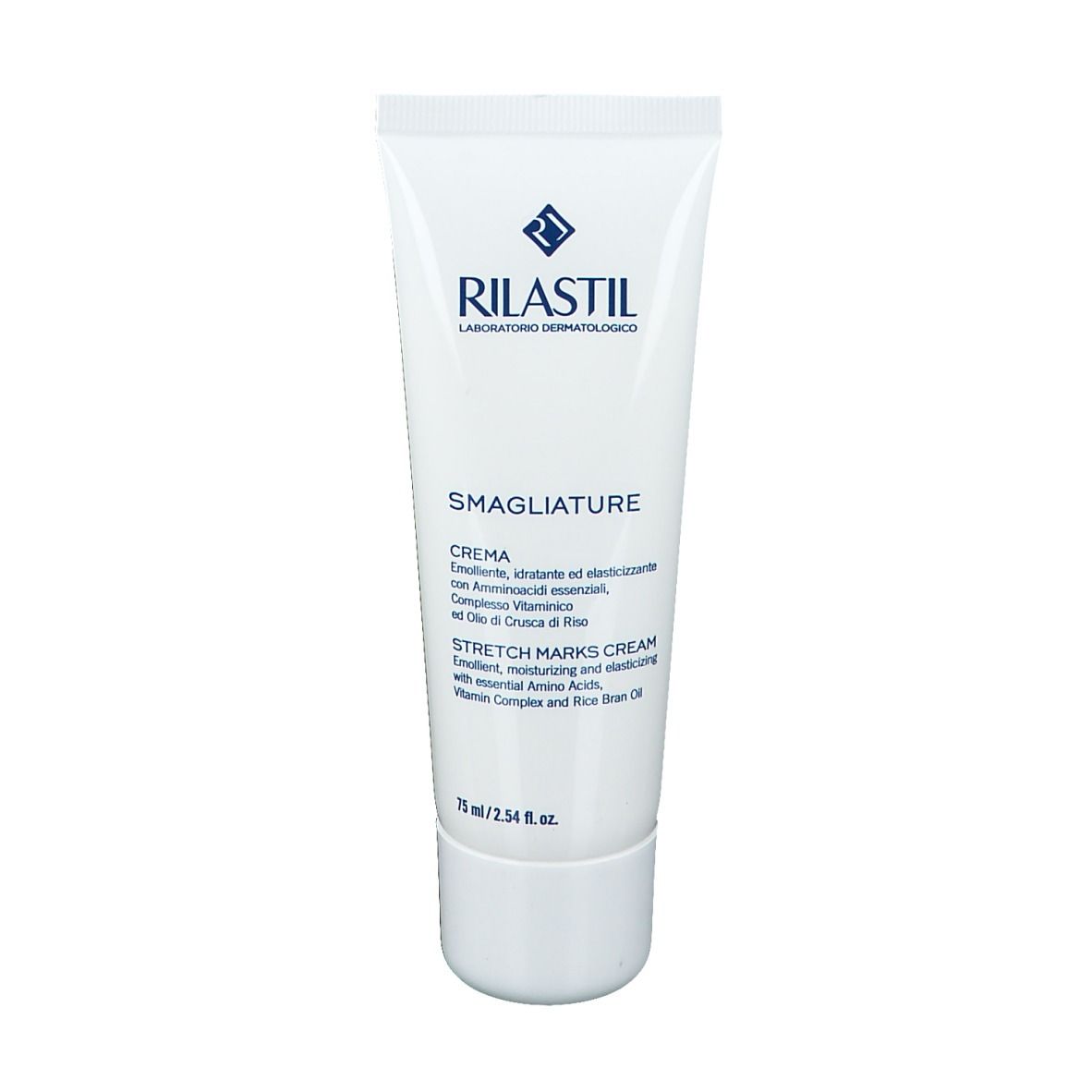 Tubo bianco con testo blu. Crema contro le smagliature. Marchio Rilastil. 75 ml.