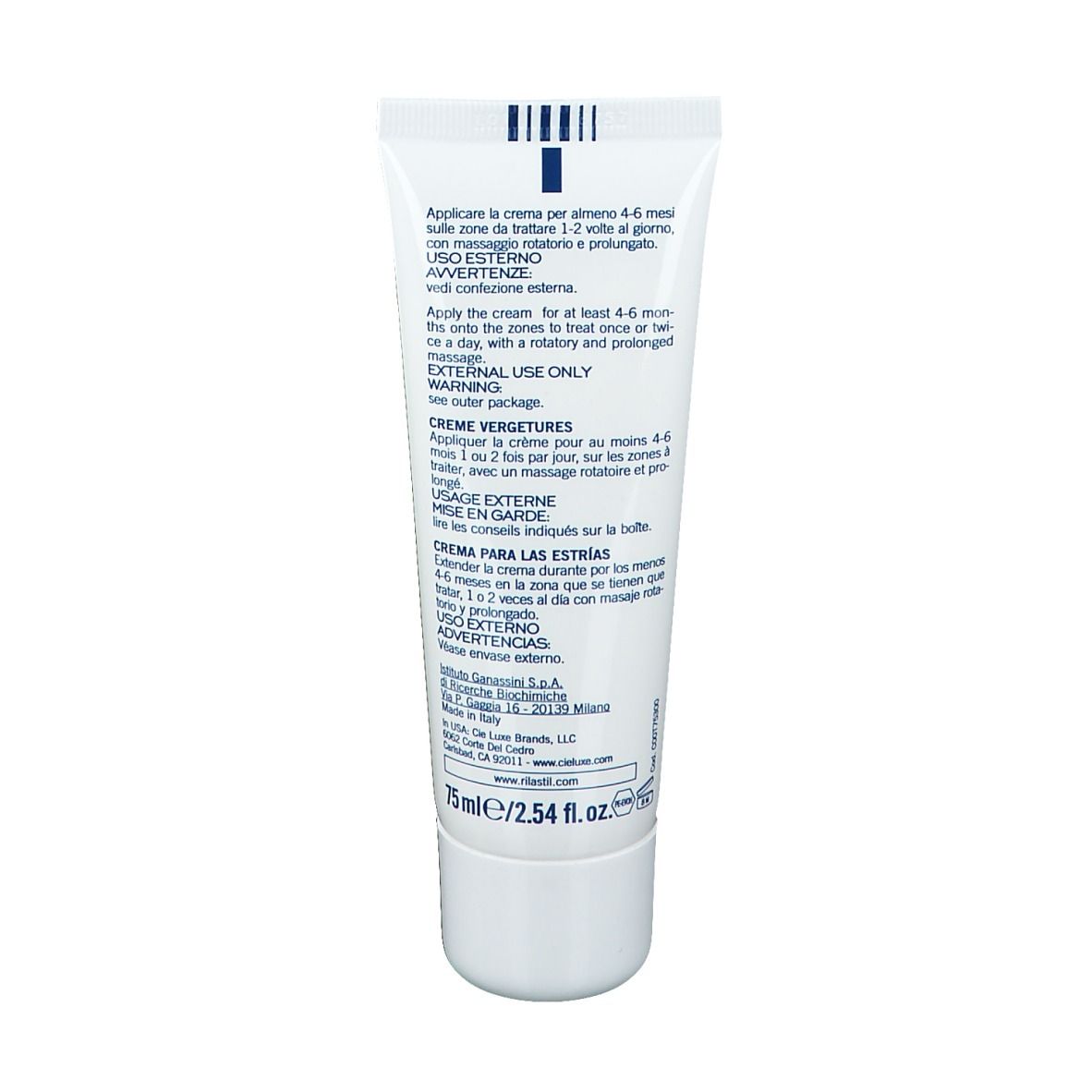 Retro del tubo bianco. Testo multilingue. 75 ml.