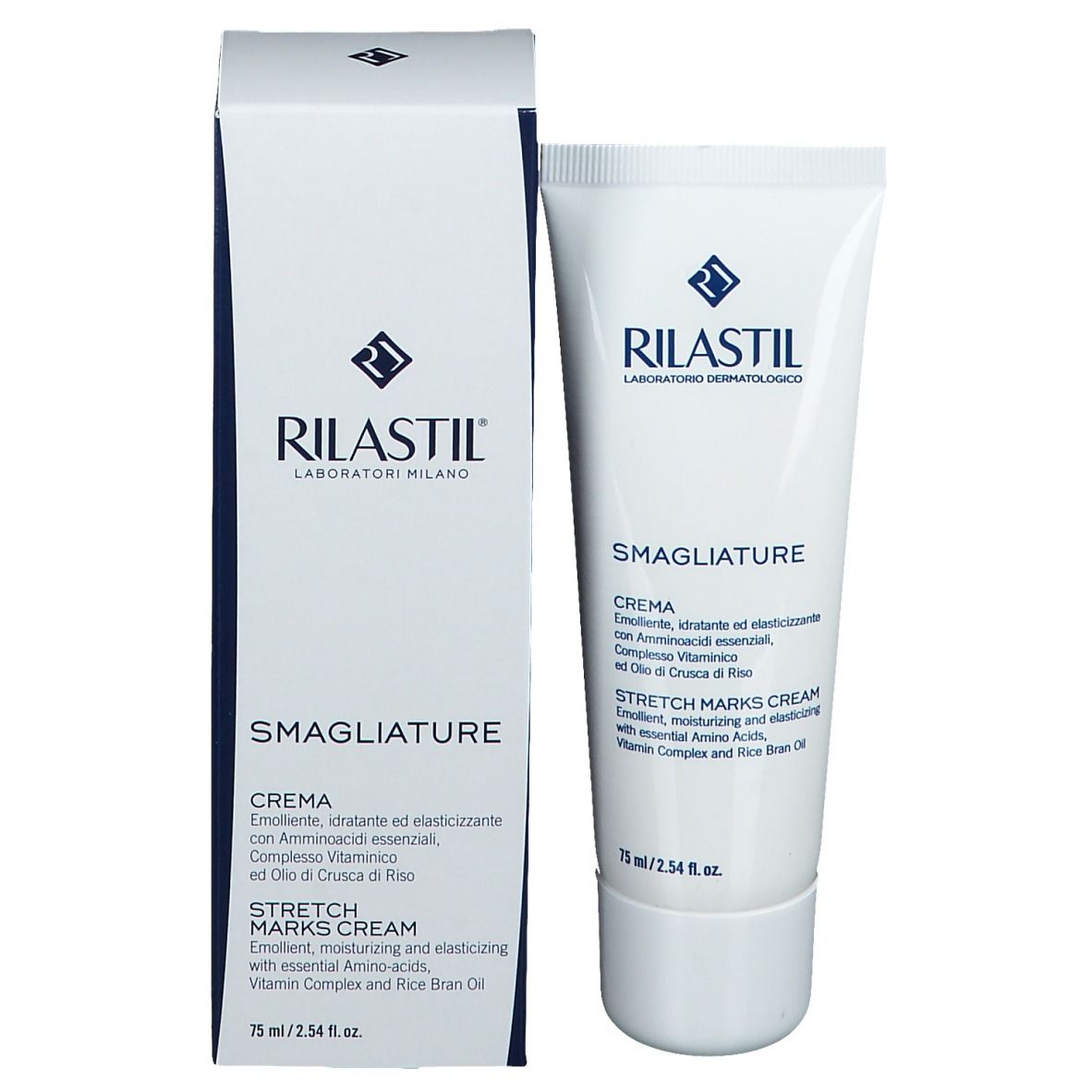 Confezione del prodotto. Tubo e scatola bianchi. Crema contro le smagliature. Marchio Rilastil. 75 ml.