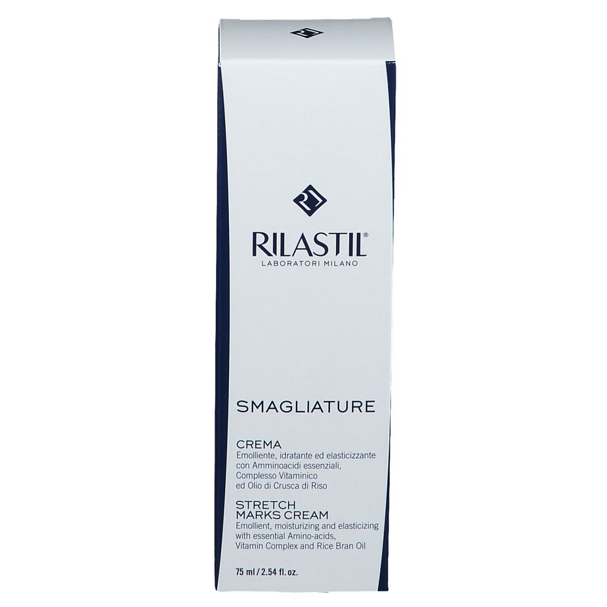Scatola bianca con testo blu. Crema contro le smagliature. Marchio Rilastil. 75 ml.