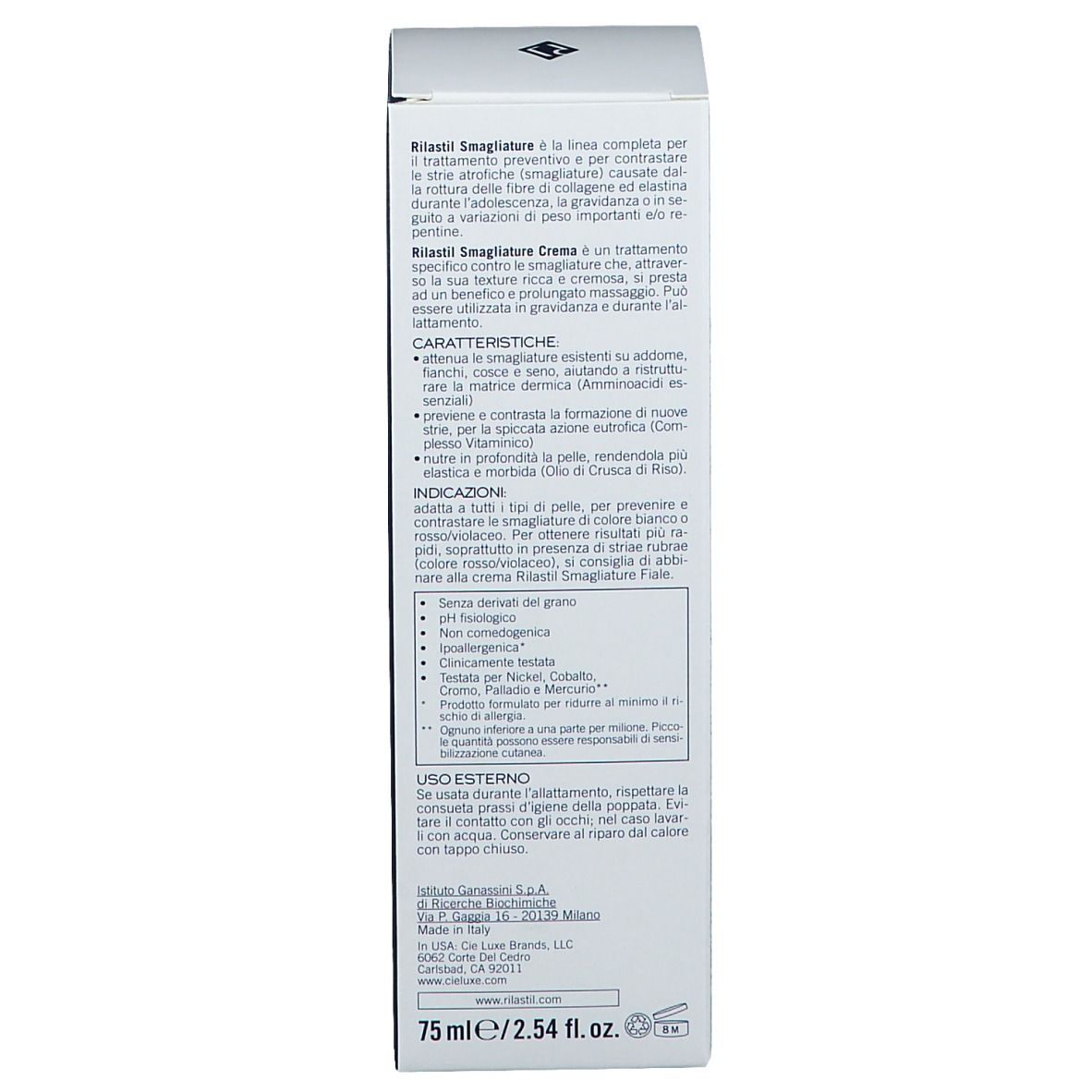 Scatola bianca, lato con testo. Crema contro le smagliature. Marchio Rilastil. Caratteristiche.