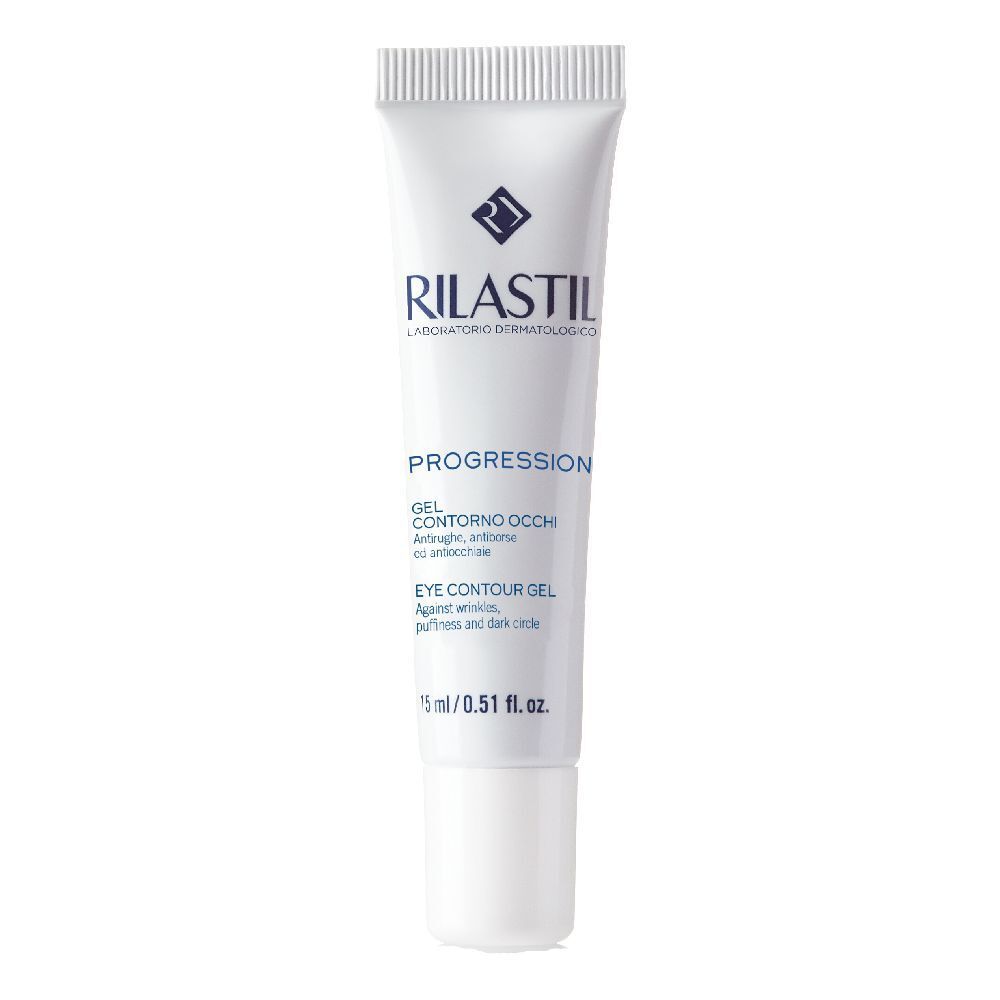 Tubo bianco con logo Rilastil e nome del prodotto. Testo: Progression Gel Contorno Occhi, Eye Contour Gel. 15 ml.