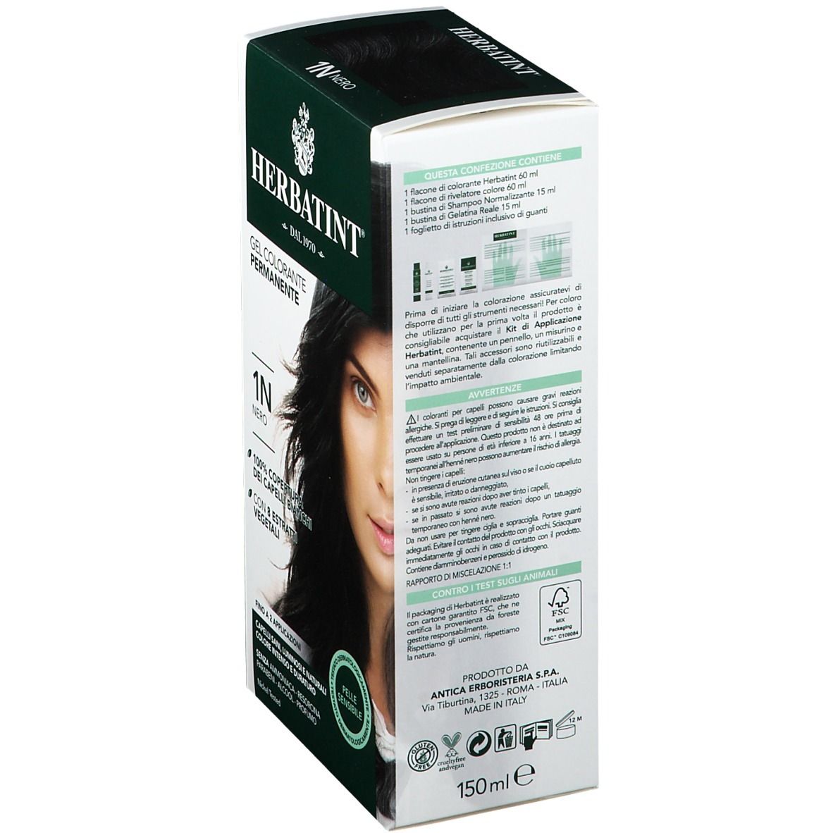 HERBATINT® Haarfarbe Schwarz 1N. Confezione, vista laterale. Scritte: Gel colorante permanente, ingredienti, istruzioni per l'uso, 150ml.