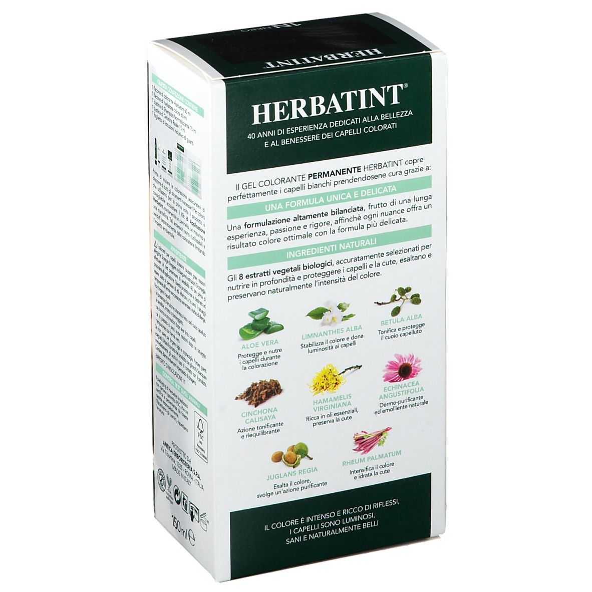 HERBATINT® Haarfarbe Schwarz 1N. Confezione, retro. Scritte: Ingredienti, istruzioni per l'uso, 150ml, 8 estratti vegetali.