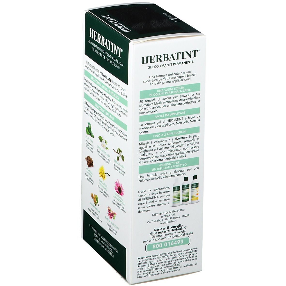 HERBATINT® Haarfarbe Schwarz 1N. Confezione, retro. Scritte: Ingredienti, istruzioni per l'uso, 150ml, 8 estratti vegetali.