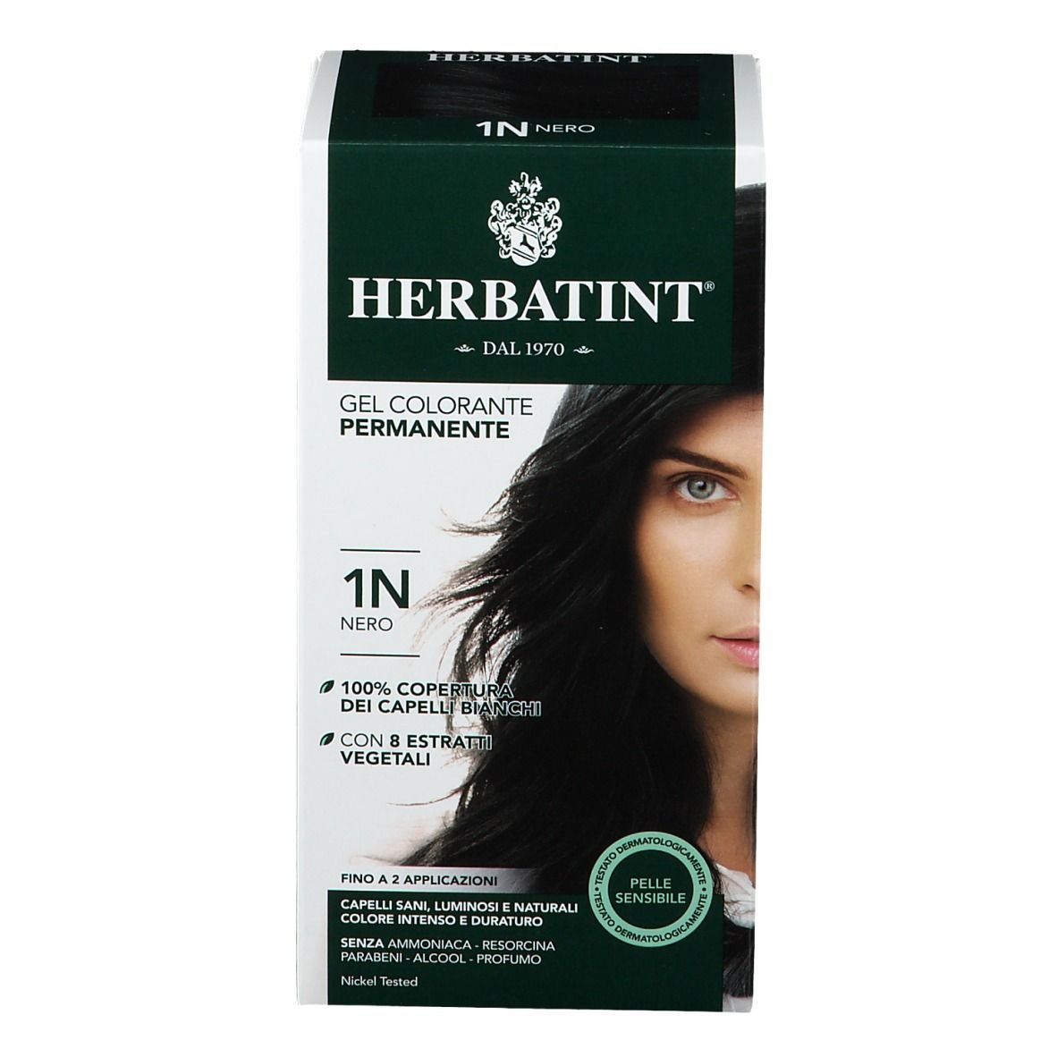 HERBATINT® Haarfarbe Schwarz 1N. Confezione con immagine del prodotto e modella. Scritte: Gel colorante permanente, 100% copertura capelli bianchi.