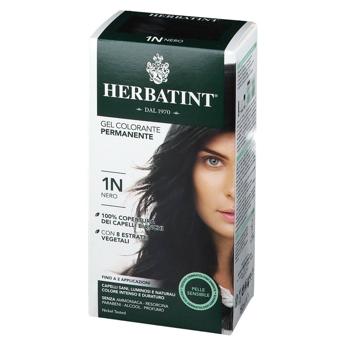 HERBATINT® Haarfarbe Schwarz 1N. Confezione con immagine del prodotto e modella. Scritte: Gel colorante permanente, 100% copertura capelli bianchi.